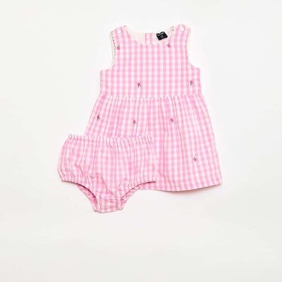 2-piece Set - Sleeveless Gingham Cotton Poplin Dress + Bloomers PINK