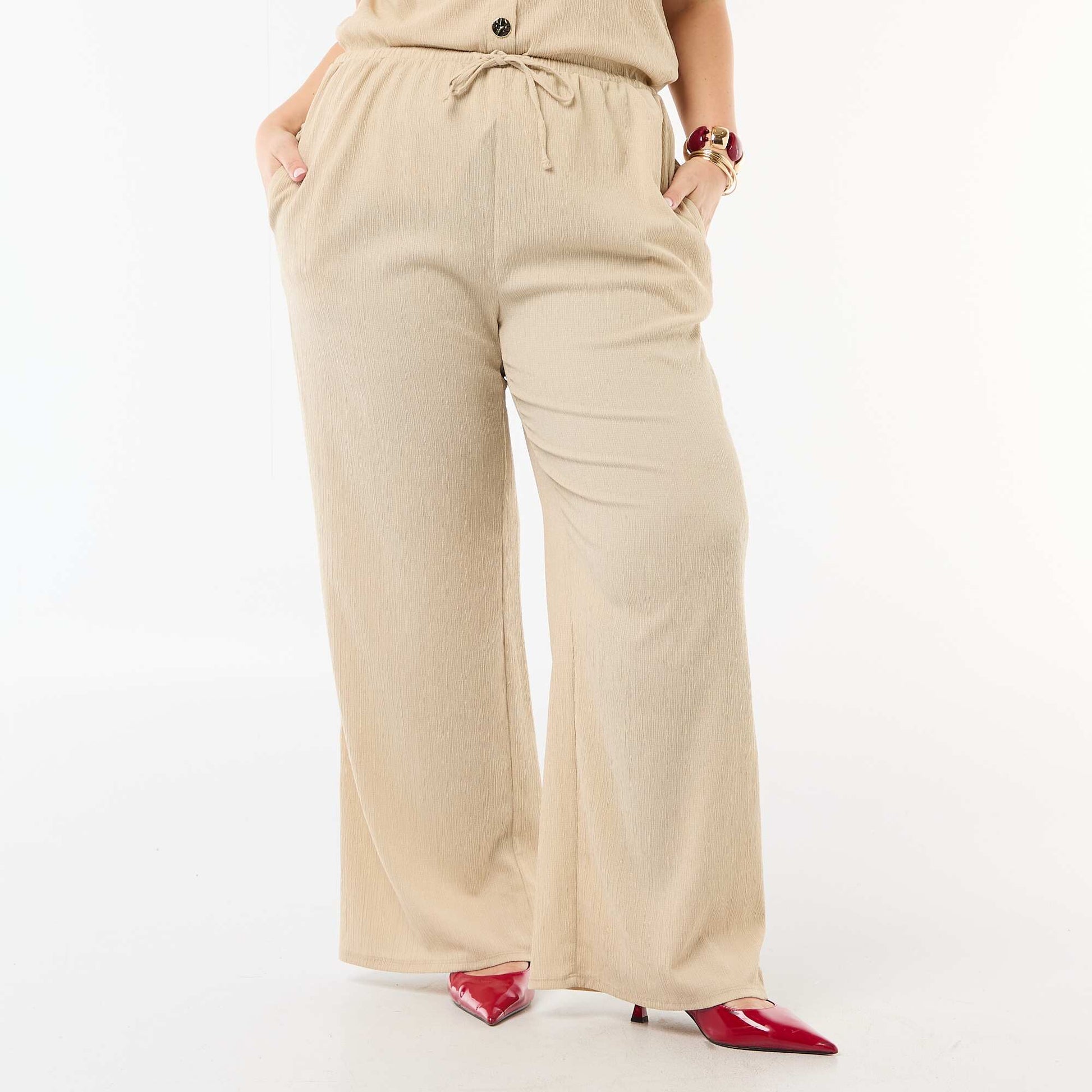 Wide-Leg Crepe Knit Pants BEIGE