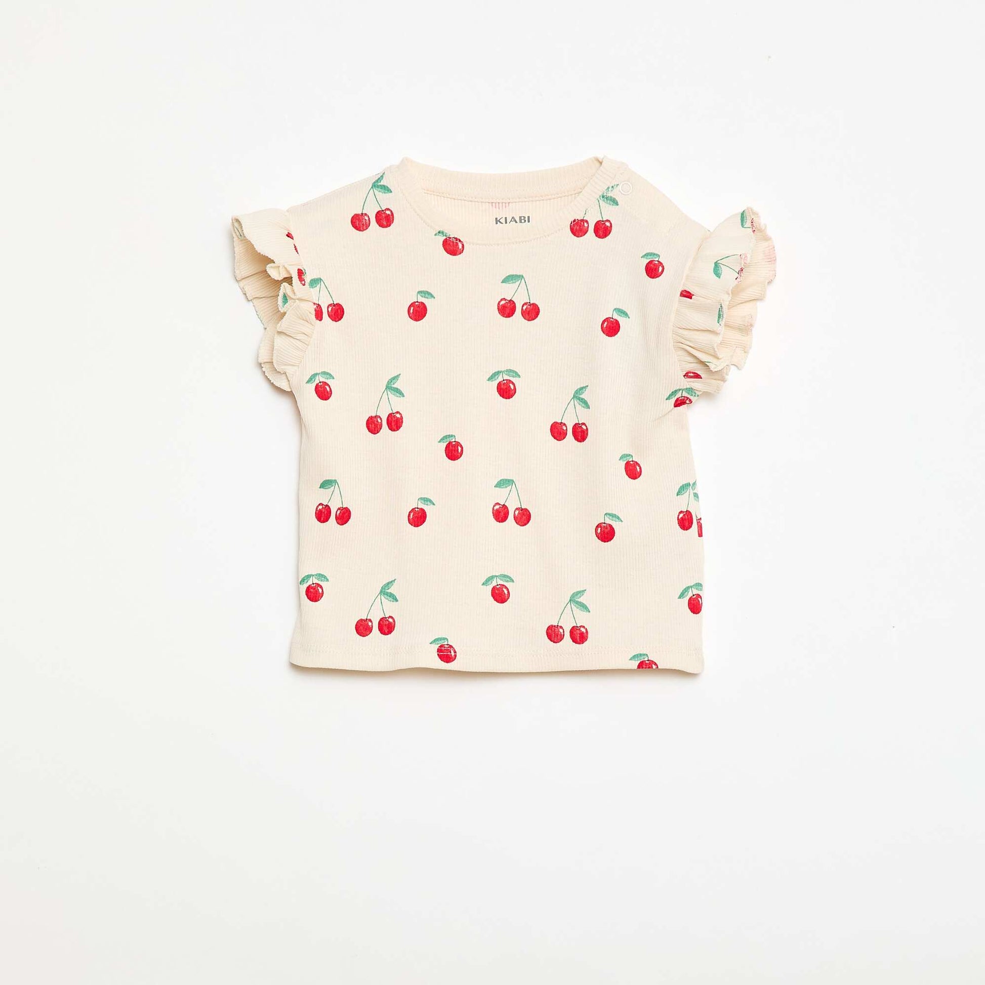 Ribbed T-shirt with Short Flutter Sleeves WHITE