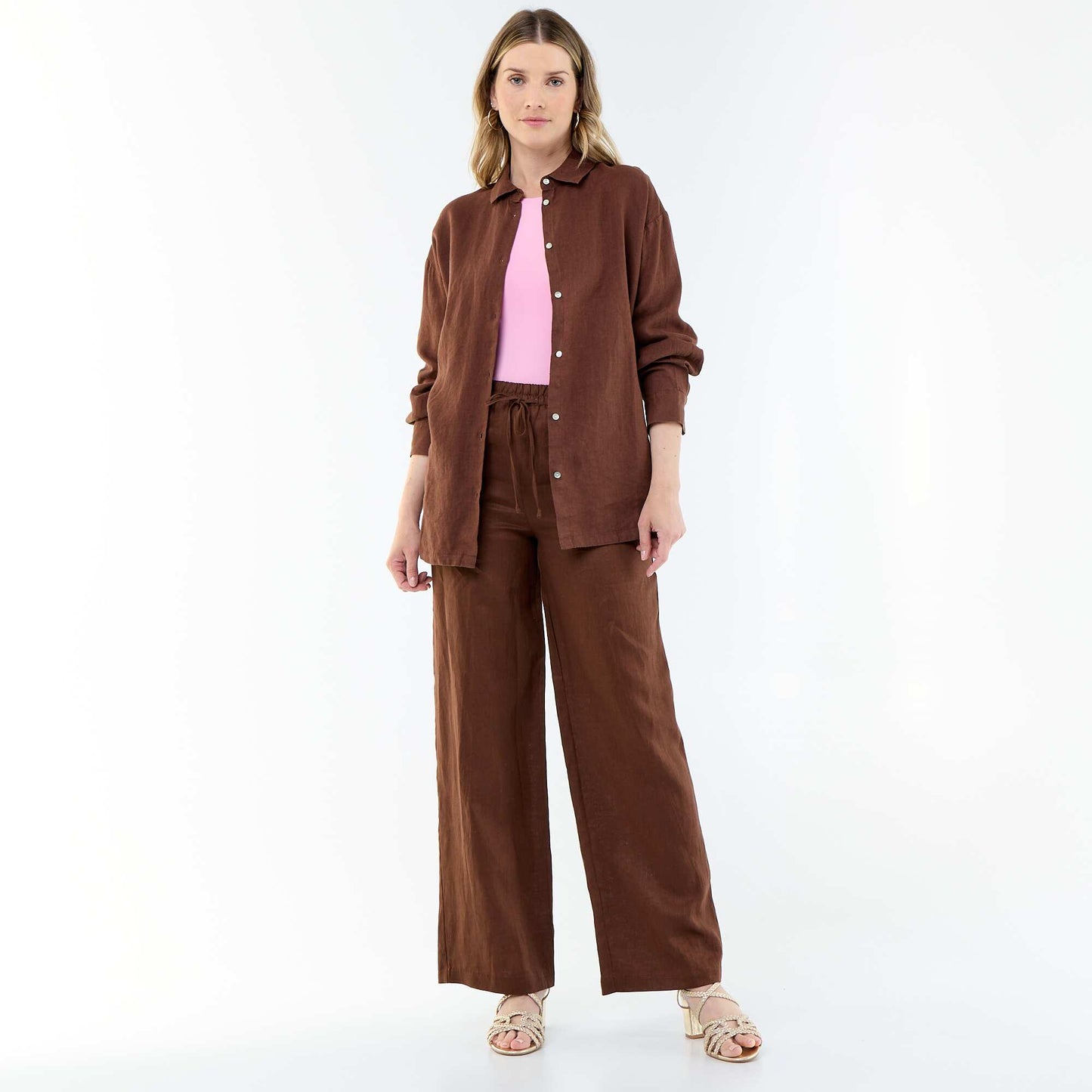 Solid long linen shirt BROWN