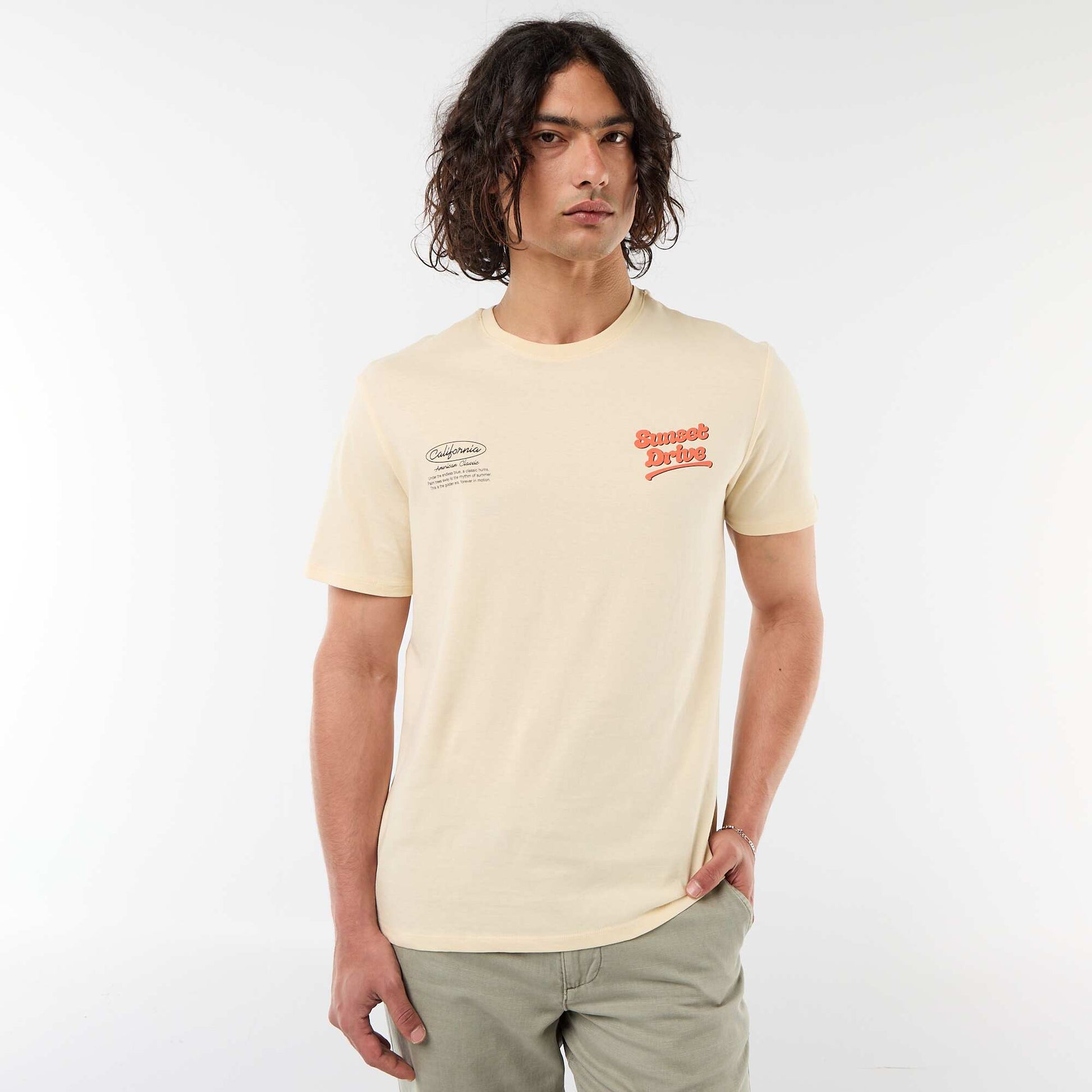 Printed Short-Sleeve T-Shirt with Front and Back Design BEIGE