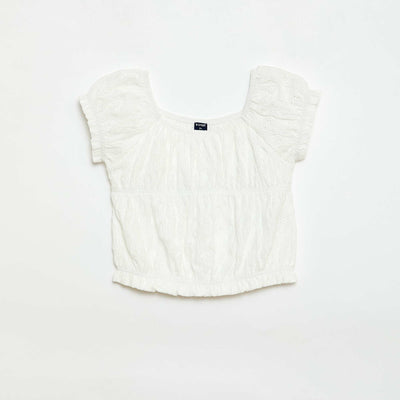 Smocked T-shirt with Broderie Anglaise WHITE