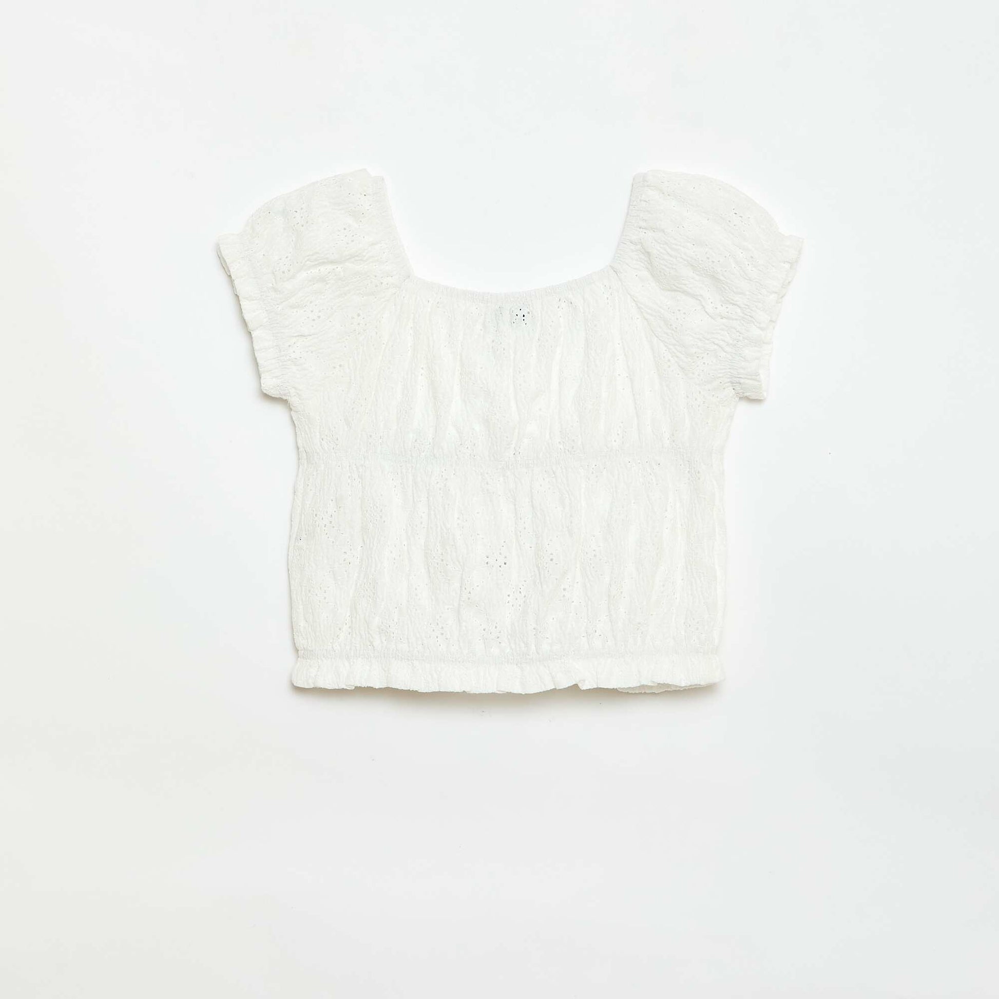 Smocked T-shirt with Broderie Anglaise WHITE