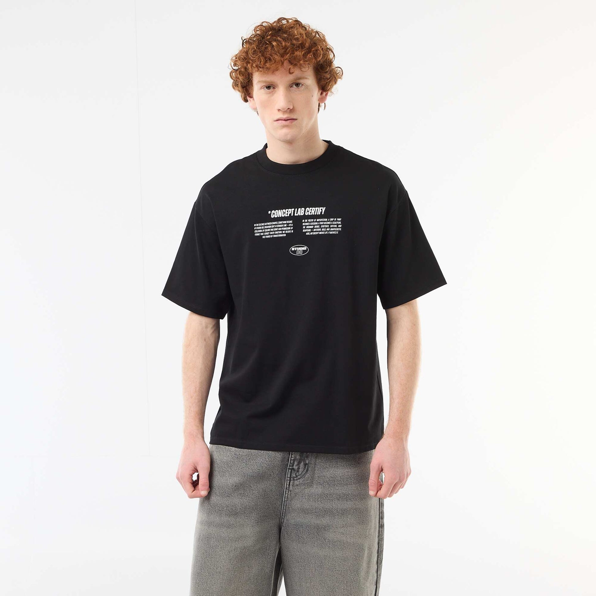 Solid Cotton T-Shirt with Front and Back Prints BLACK