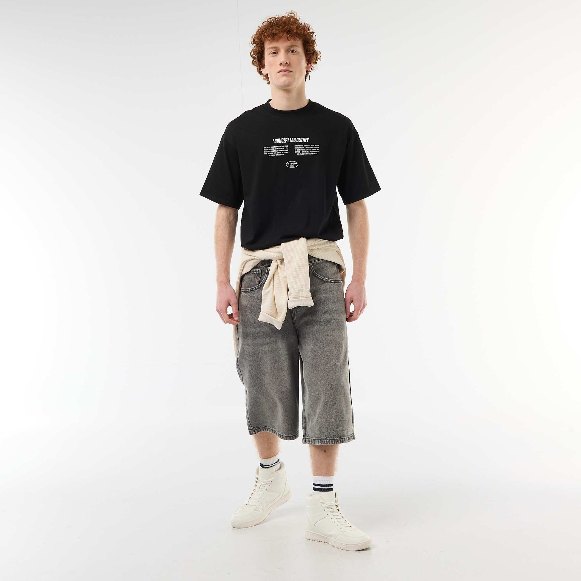 Solid Cotton T-Shirt with Front and Back Prints BLACK