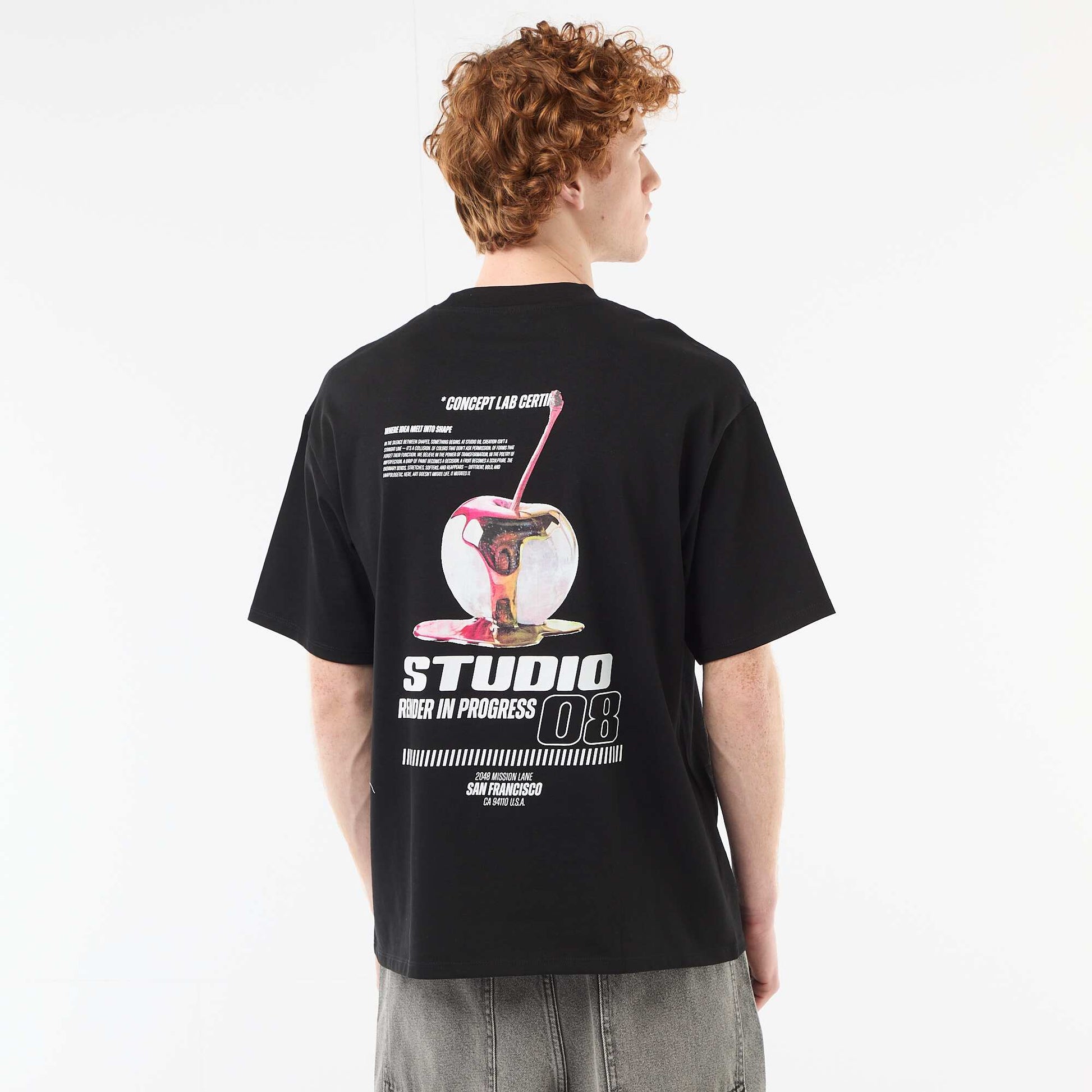 Solid Cotton T-Shirt with Front and Back Prints BLACK