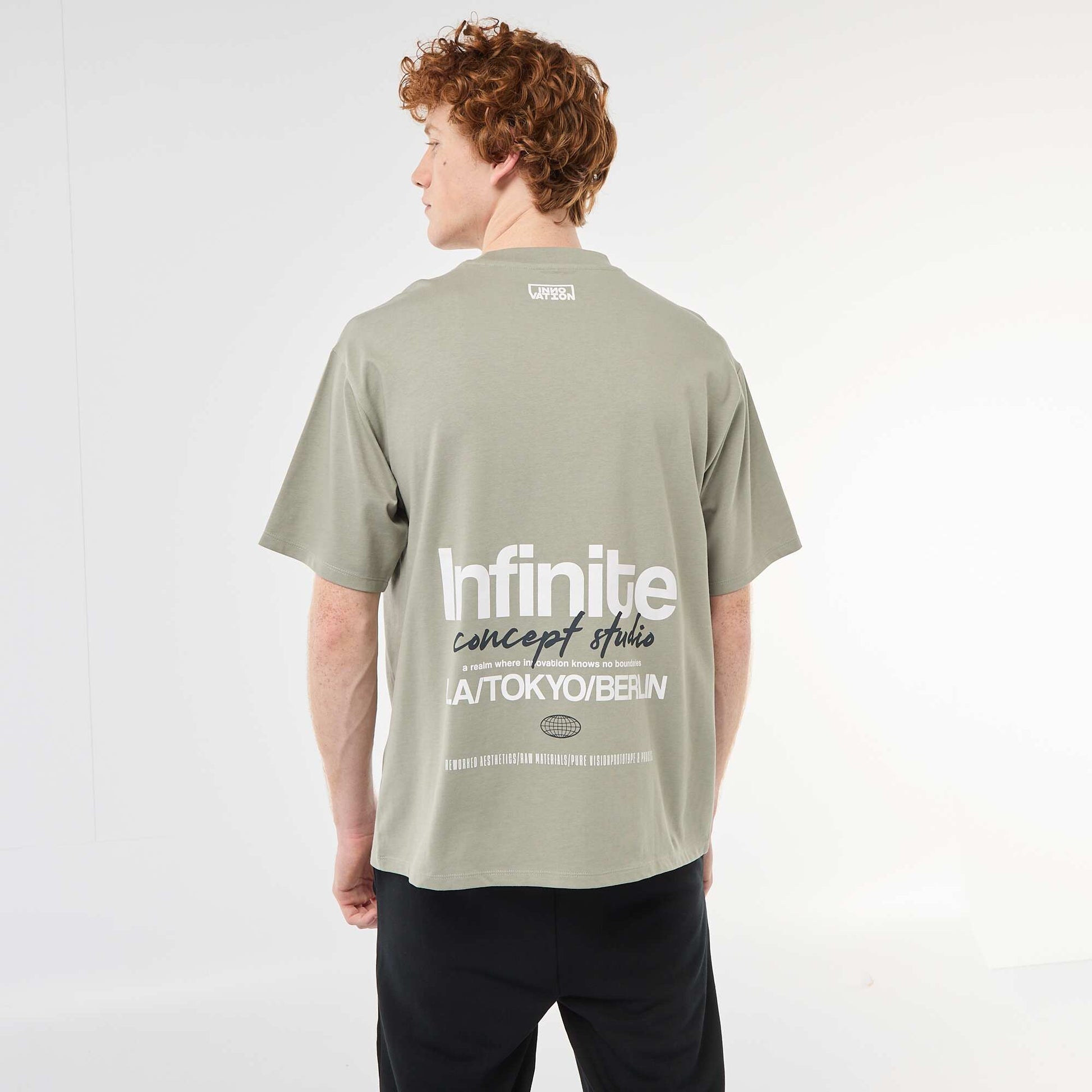 Solid Cotton T-Shirt with Front and Back Prints GREEN