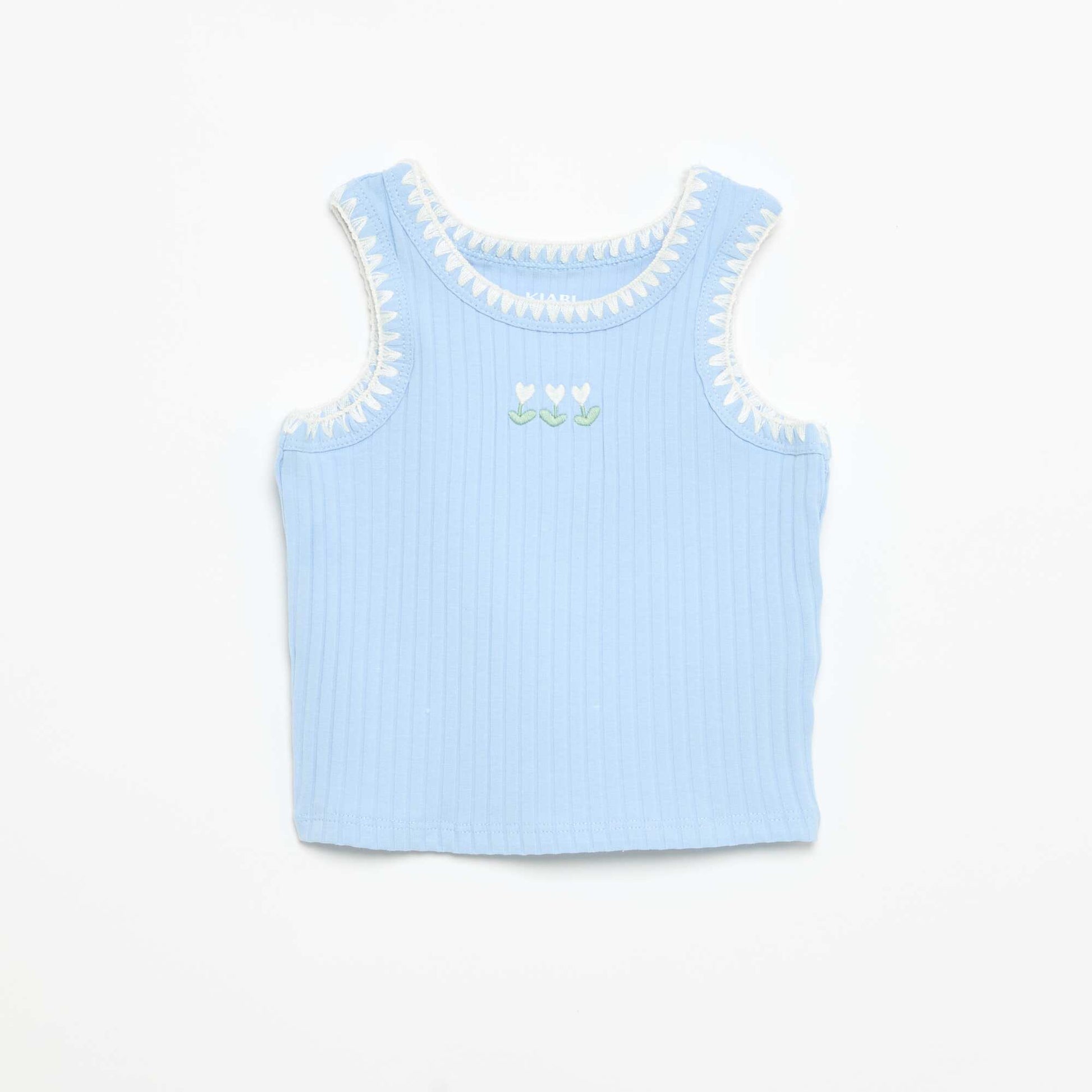 Ribbed Tank Top with Embroidered Armholes BLUE