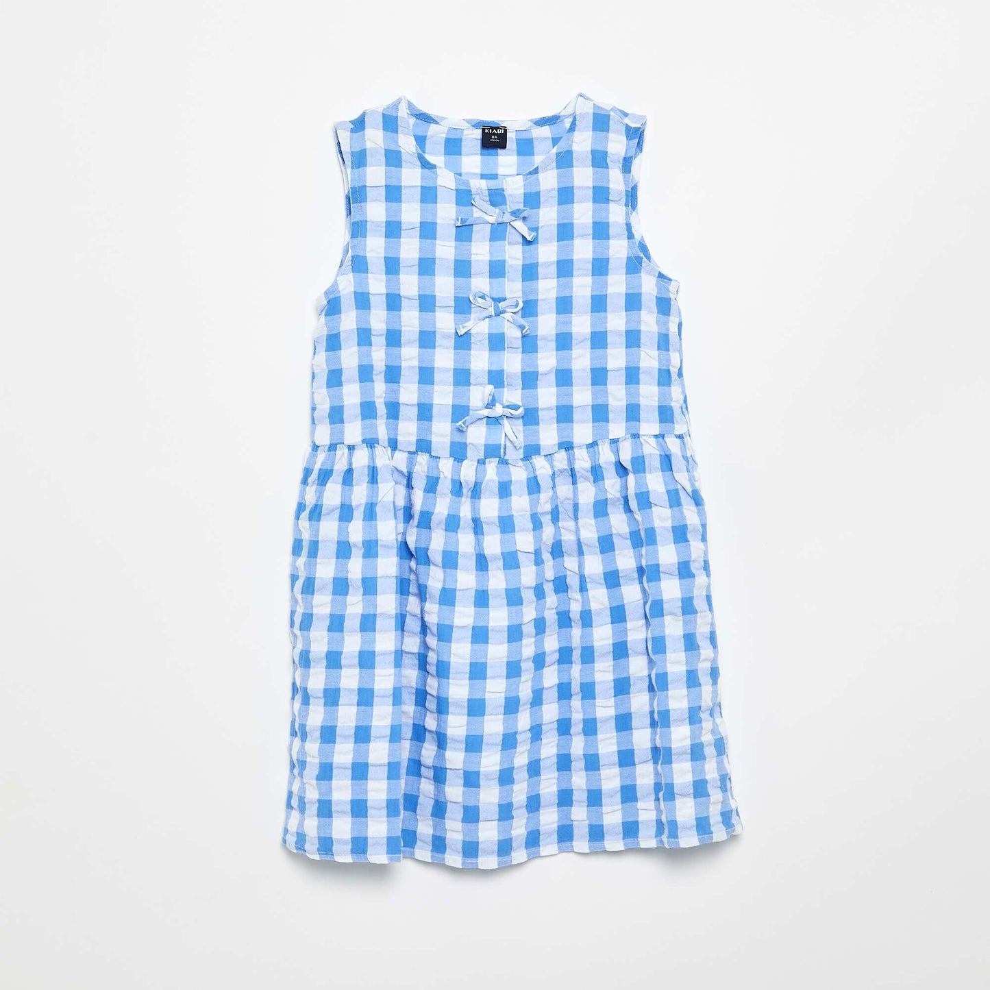 Short-sleeved gingham dress with bow + scrunchie BLUE