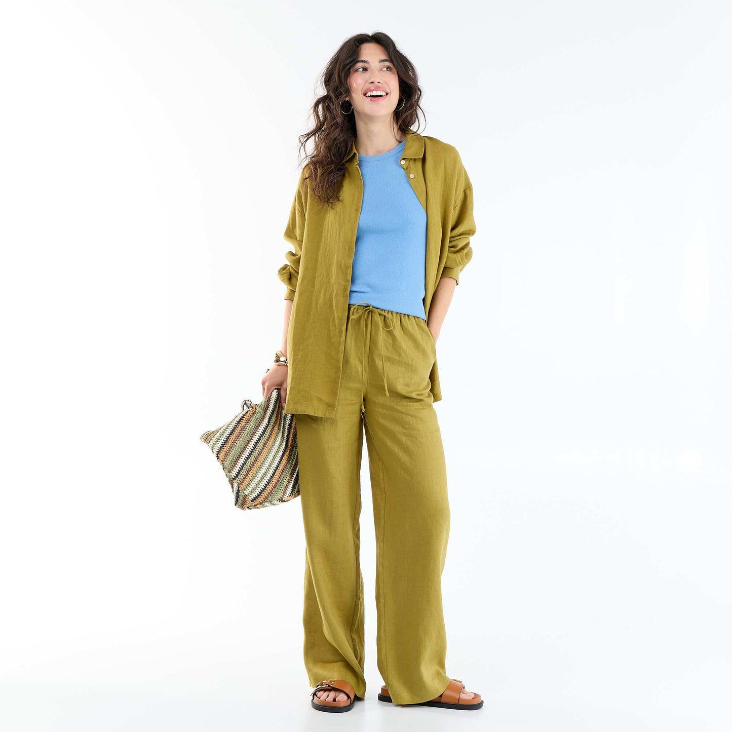 Plain Wide-Leg Linen Trousers GREEN