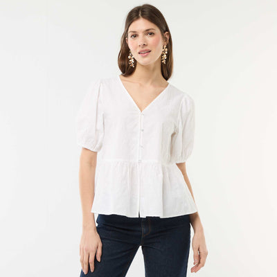 Embroidered Blouse with Ruffled Hem WHITE