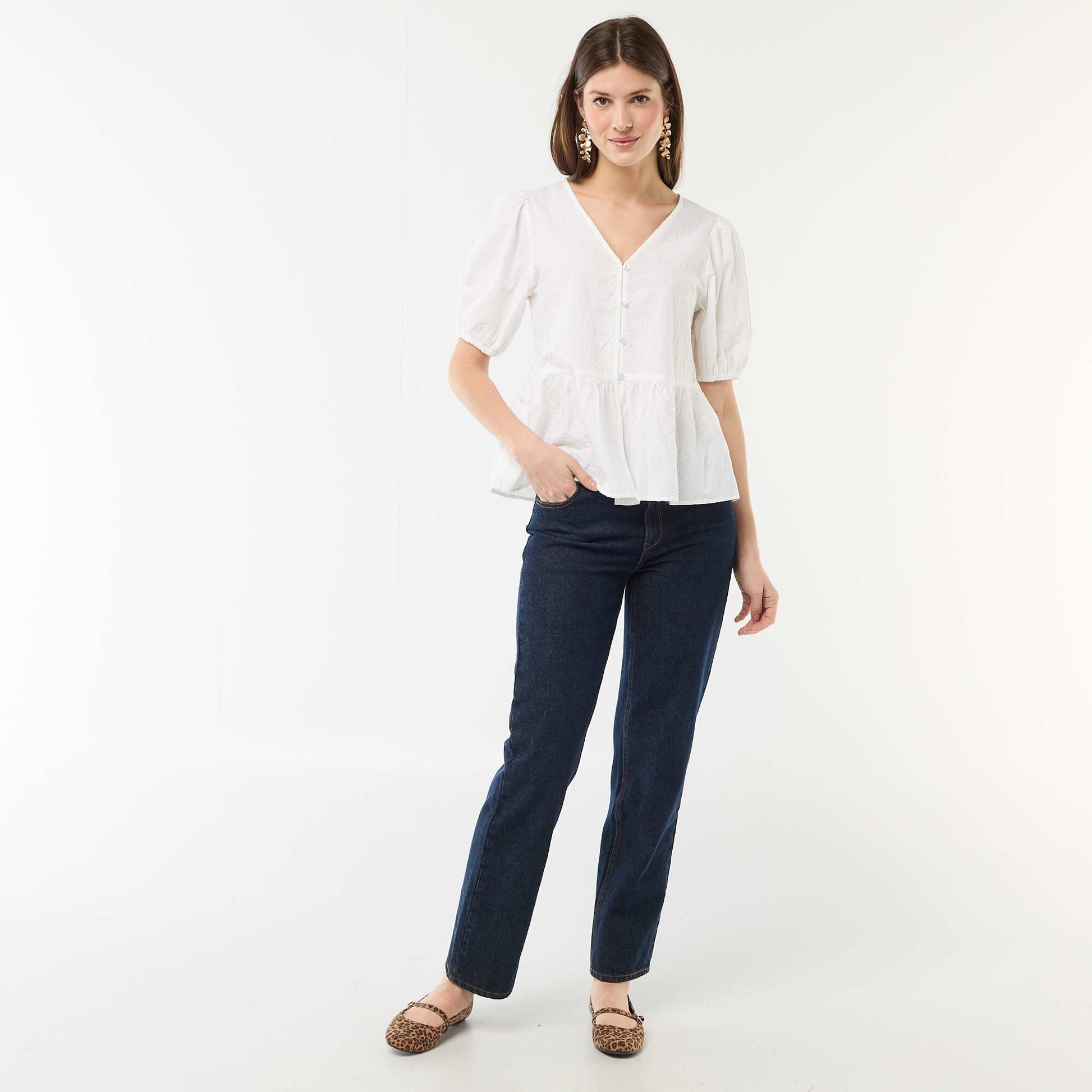 Embroidered Blouse with Ruffled Hem WHITE