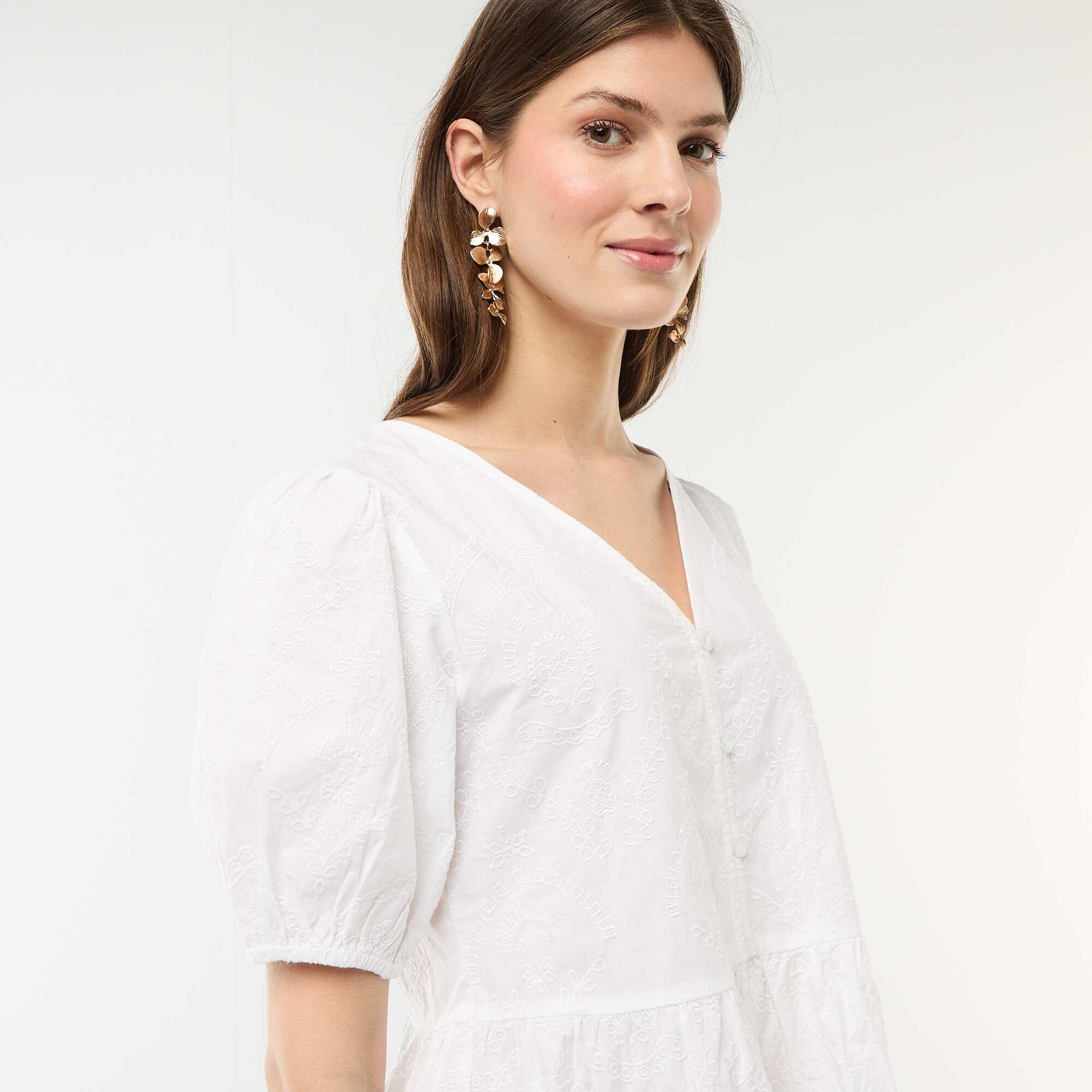 Embroidered Blouse with Ruffled Hem WHITE