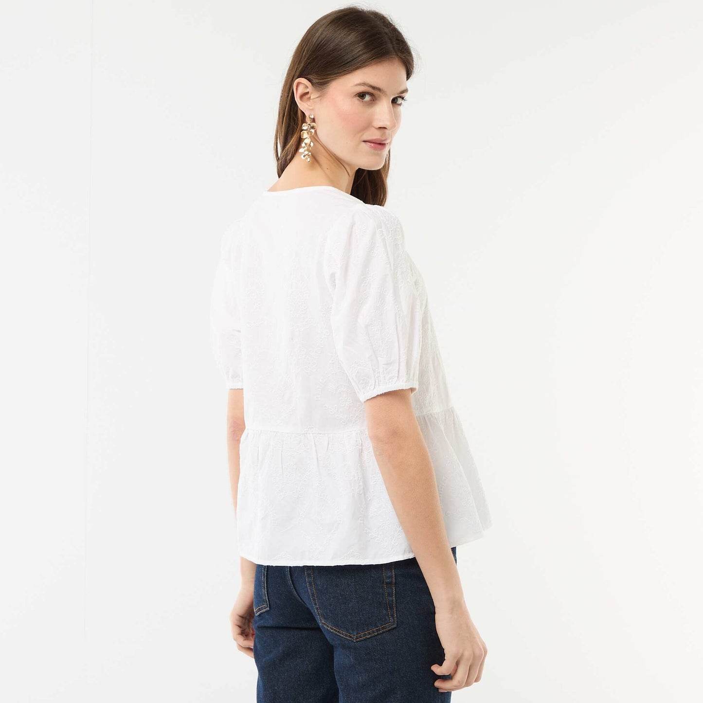 Embroidered Blouse with Ruffled Hem WHITE