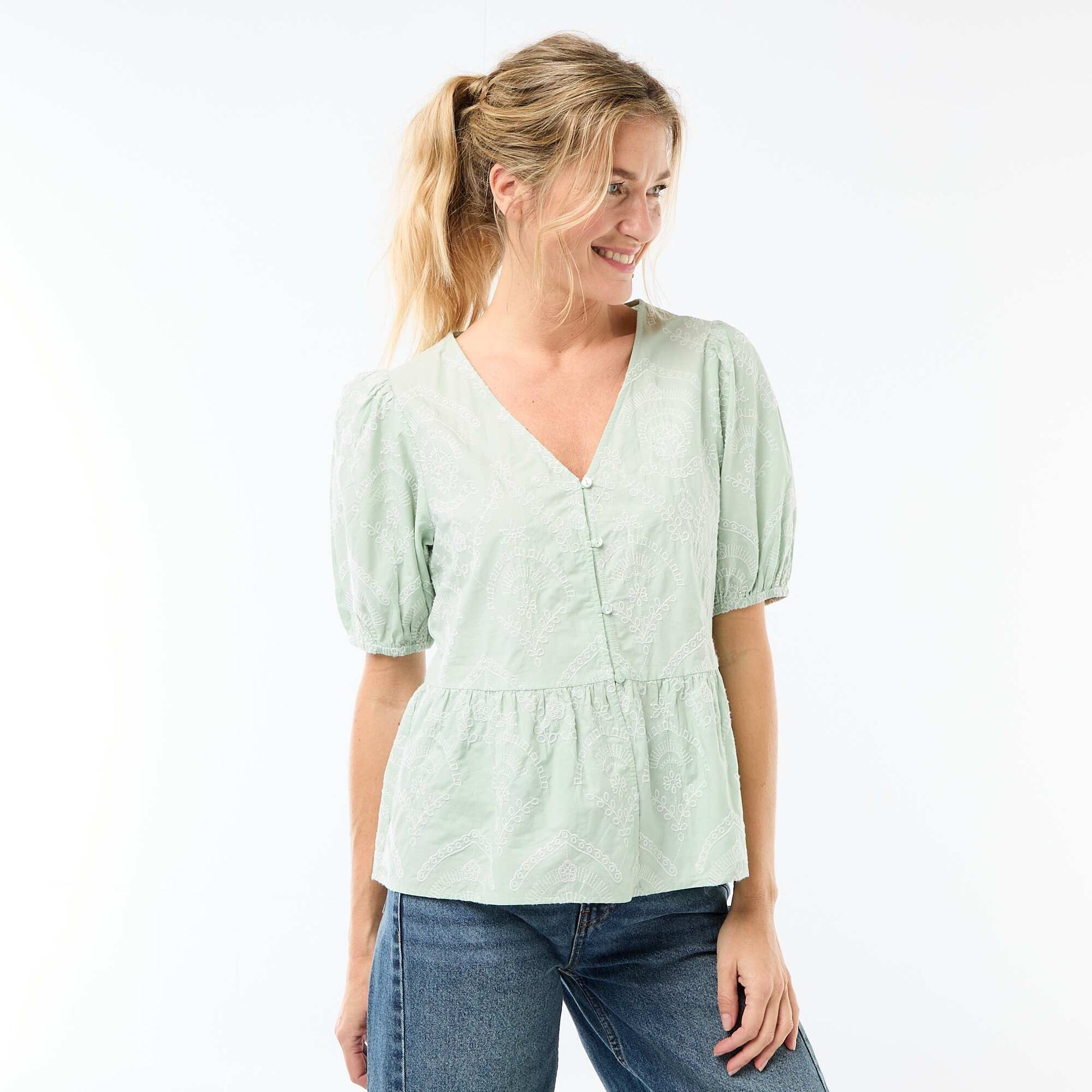 Embroidered Blouse with Ruffled Hem GREEN