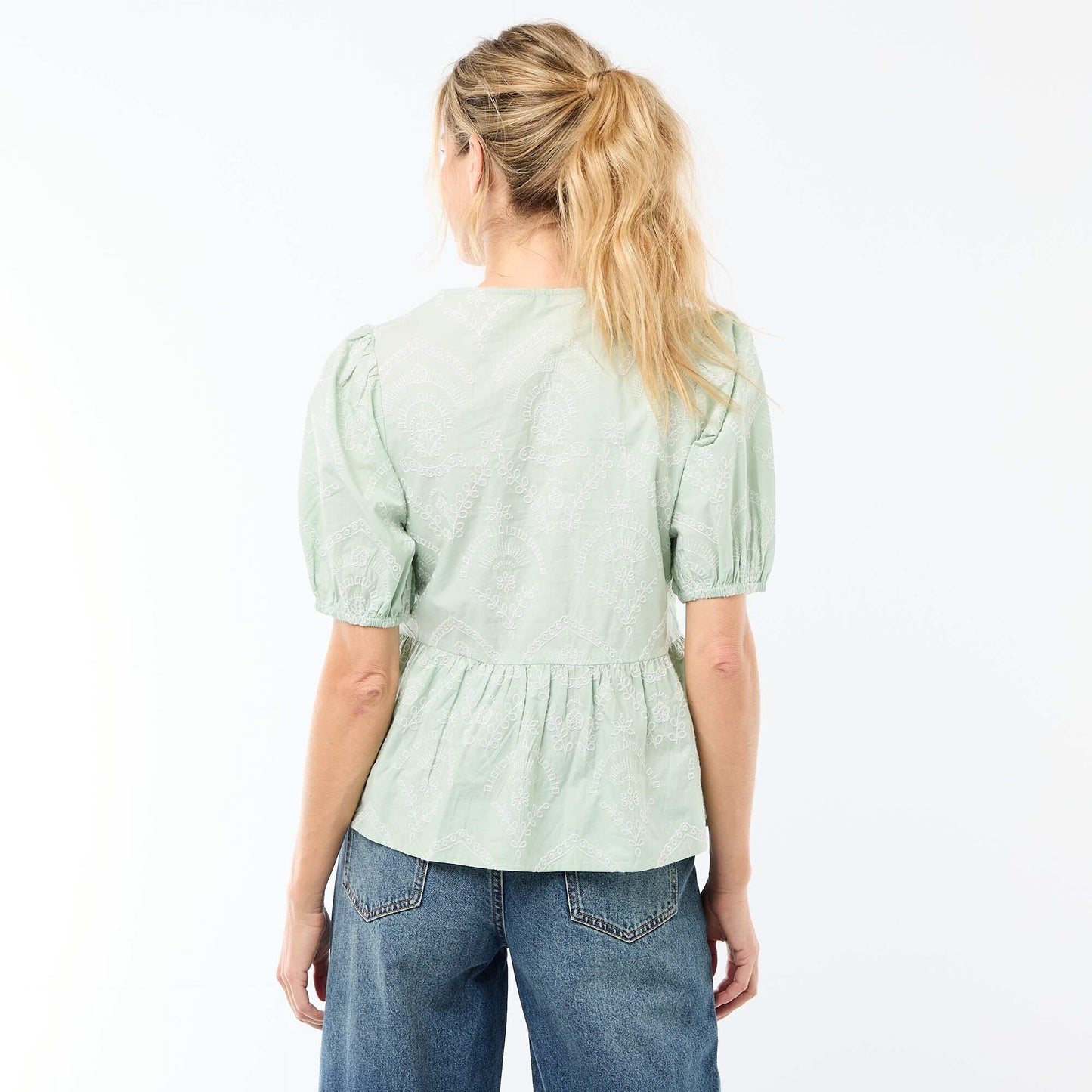 Embroidered Blouse with Ruffled Hem GREEN