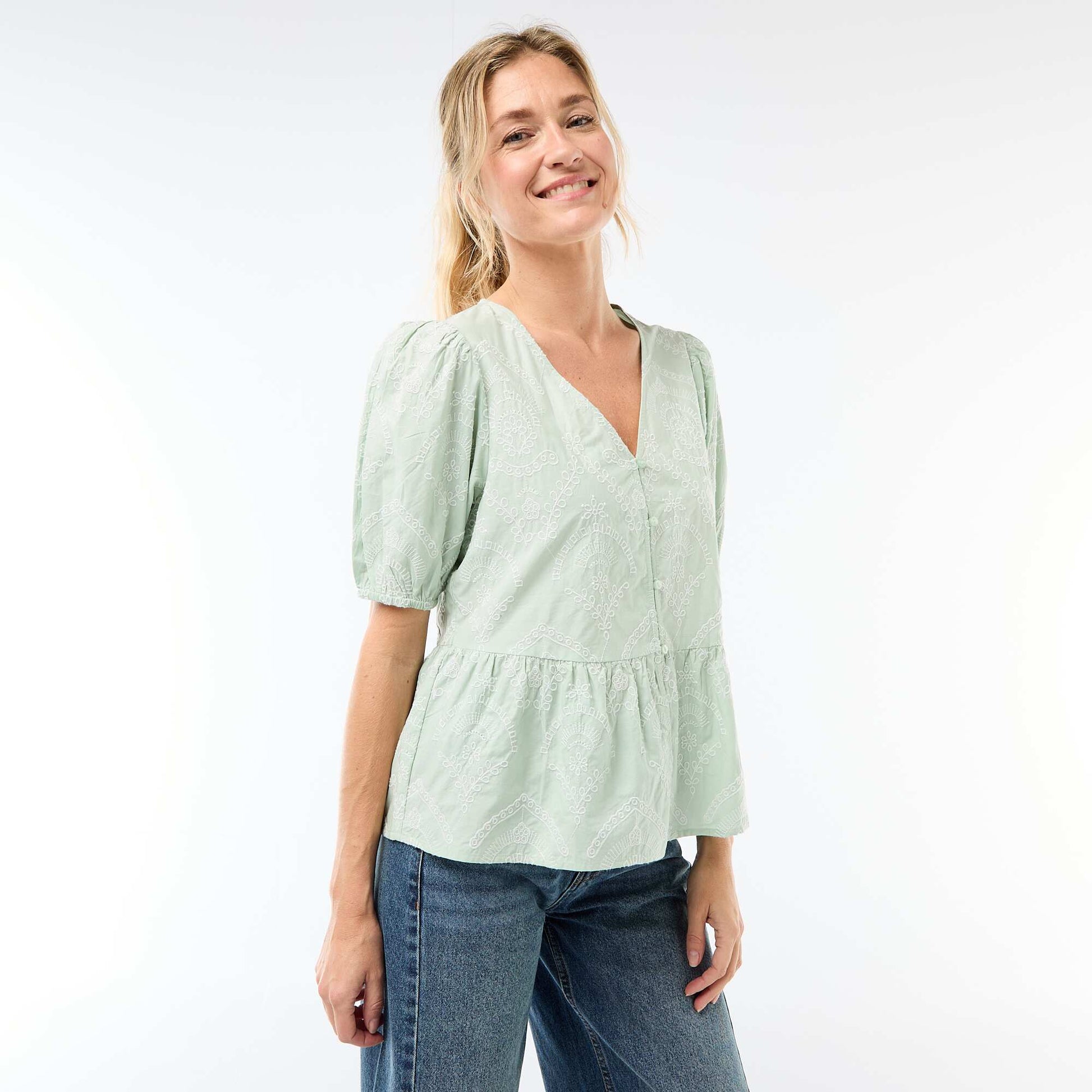 Embroidered Blouse with Ruffled Hem GREEN