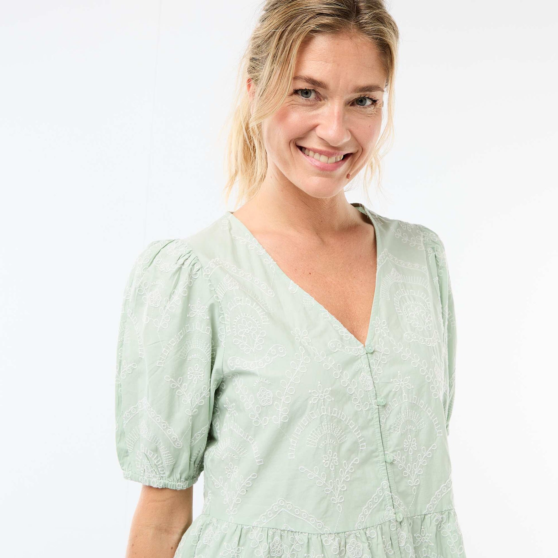 Embroidered Blouse with Ruffled Hem GREEN