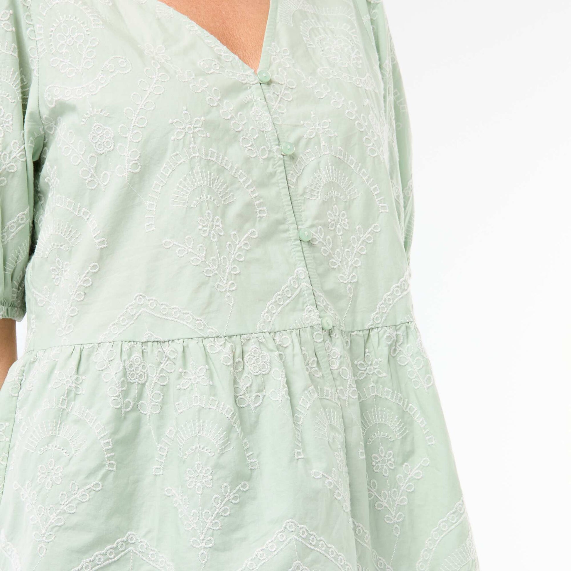 Embroidered Blouse with Ruffled Hem GREEN