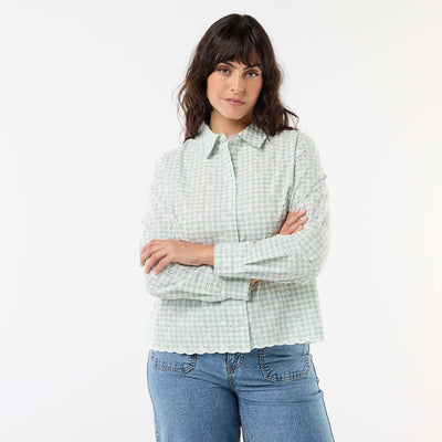 Shirt with Broderie Anglaise and Wavy Details GREEN