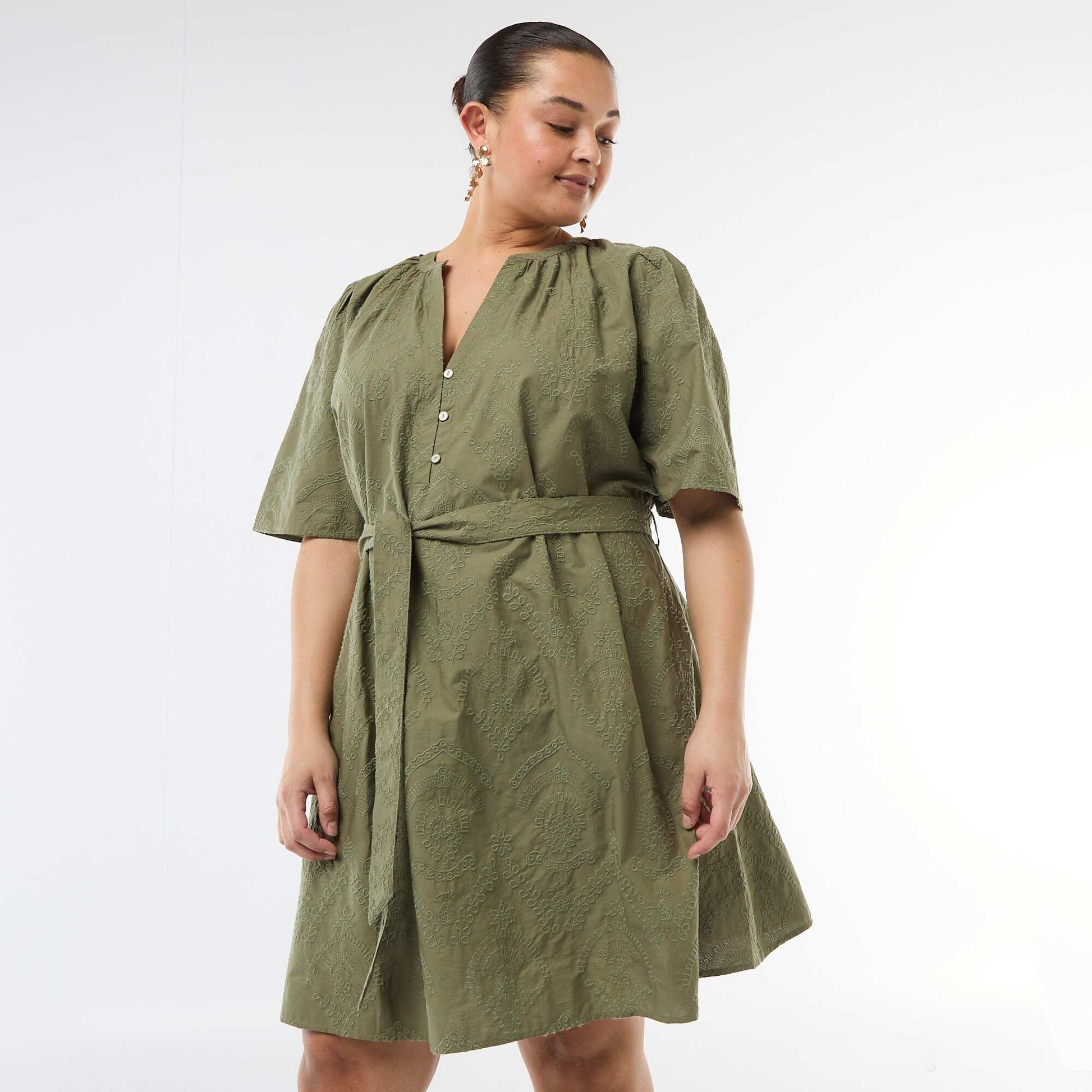 Cotton dress with Broderie Anglaise GREEN