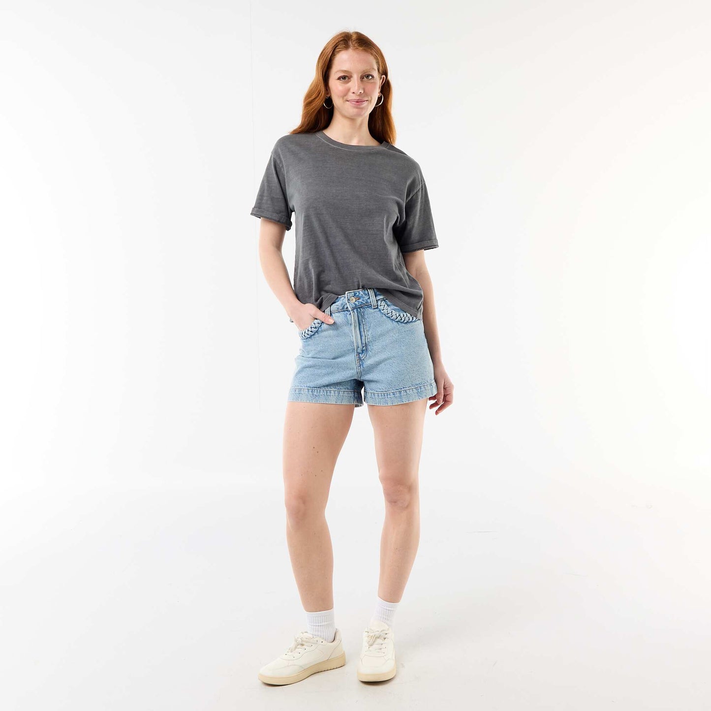 Denim shorts with braided pockets BLUE