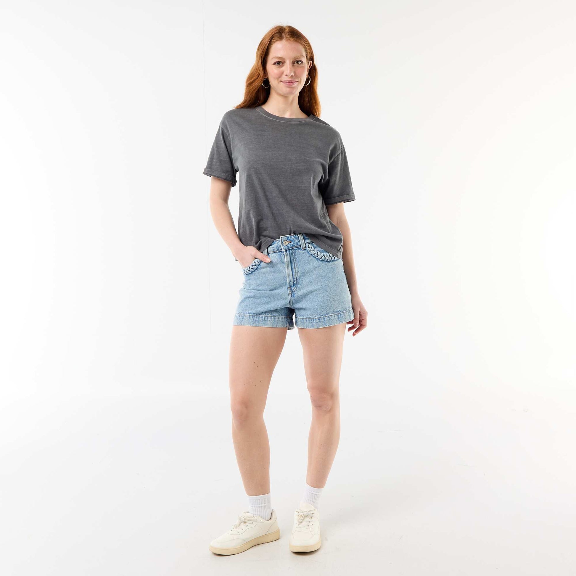 Denim shorts with braided pockets BLUE