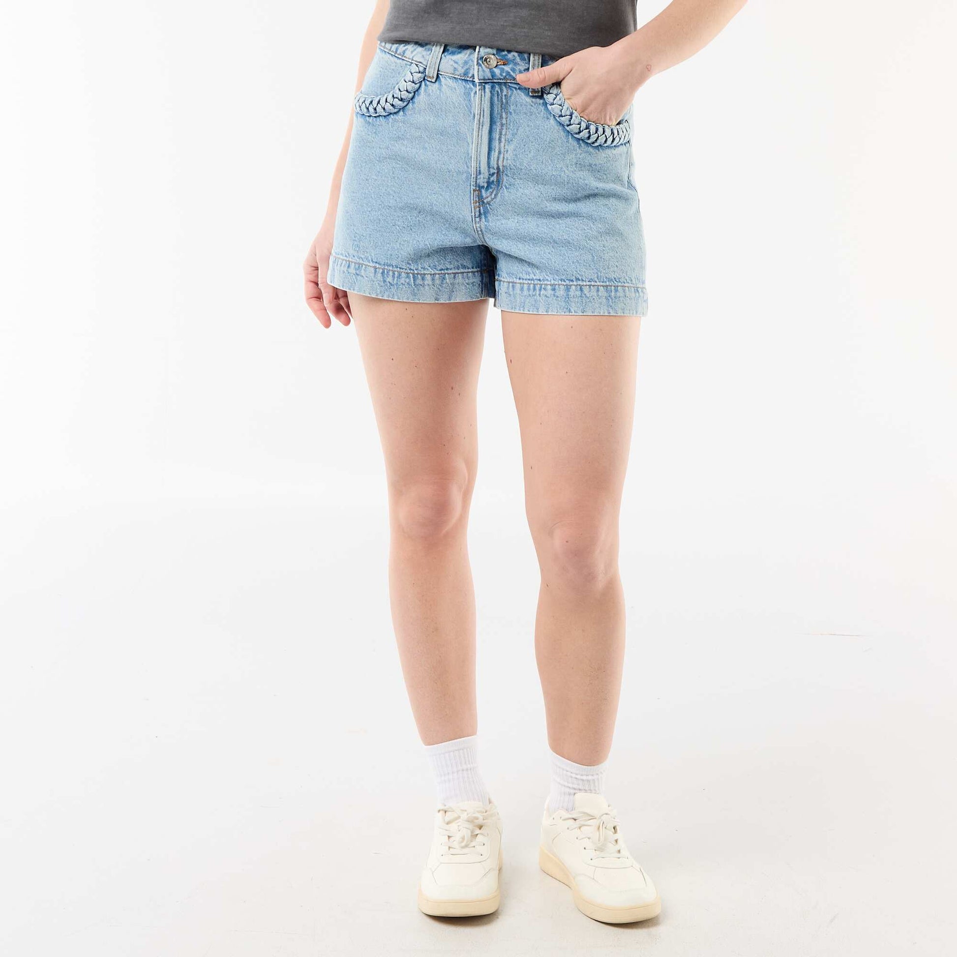 Denim shorts with braided pockets BLUE