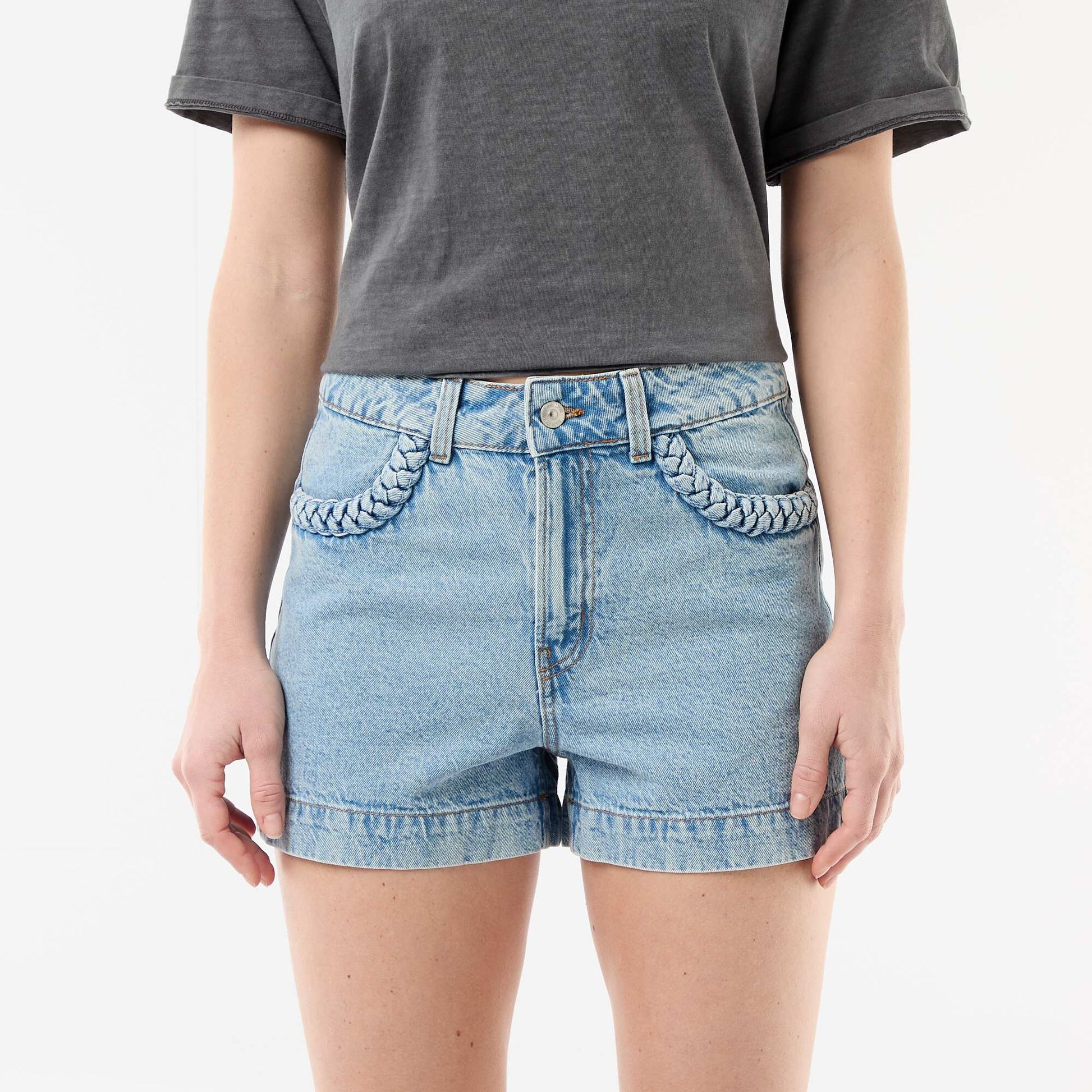 Denim shorts with braided pockets BLUE