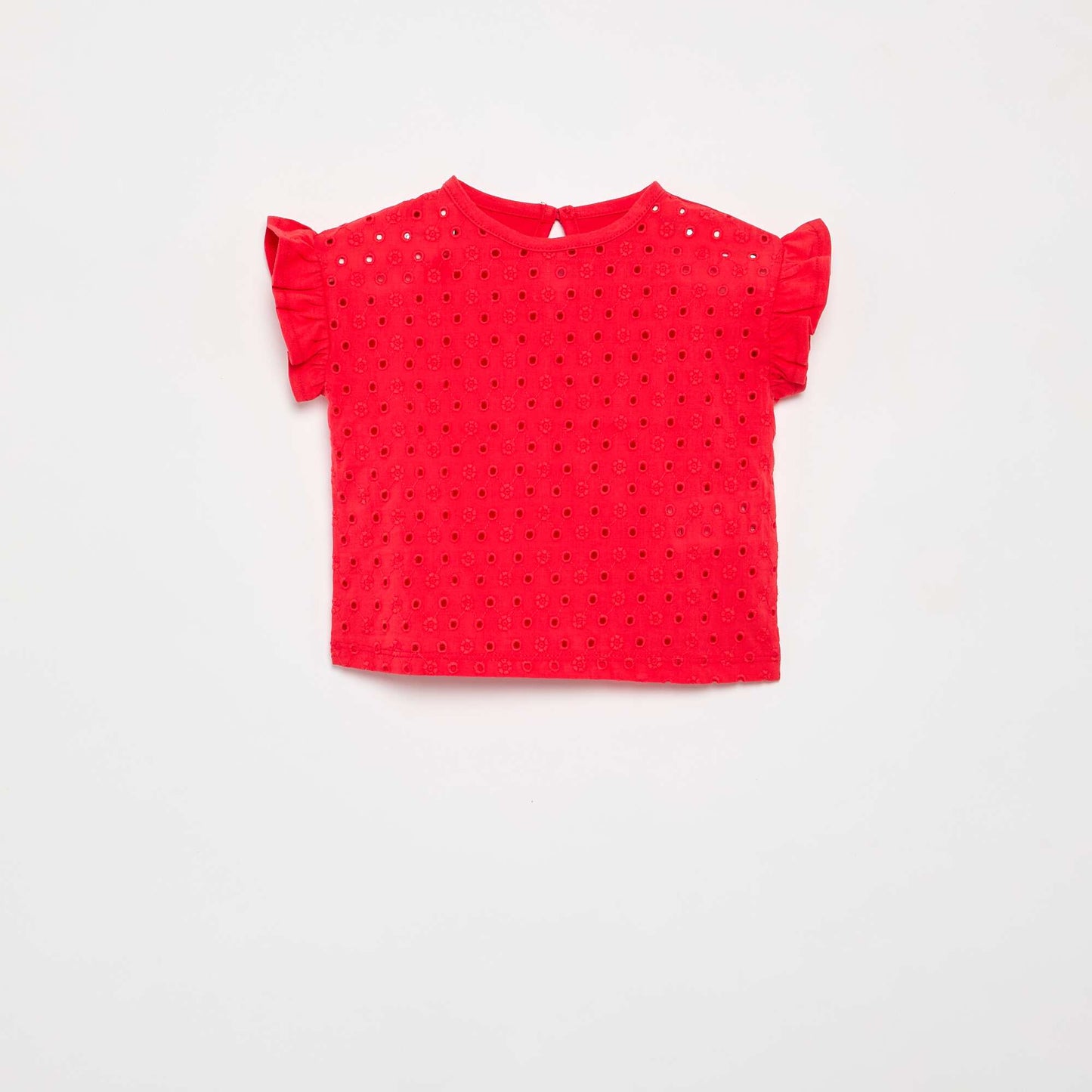 Ruffled Short-Sleeved T-shirt with Broderie Anglaise RED