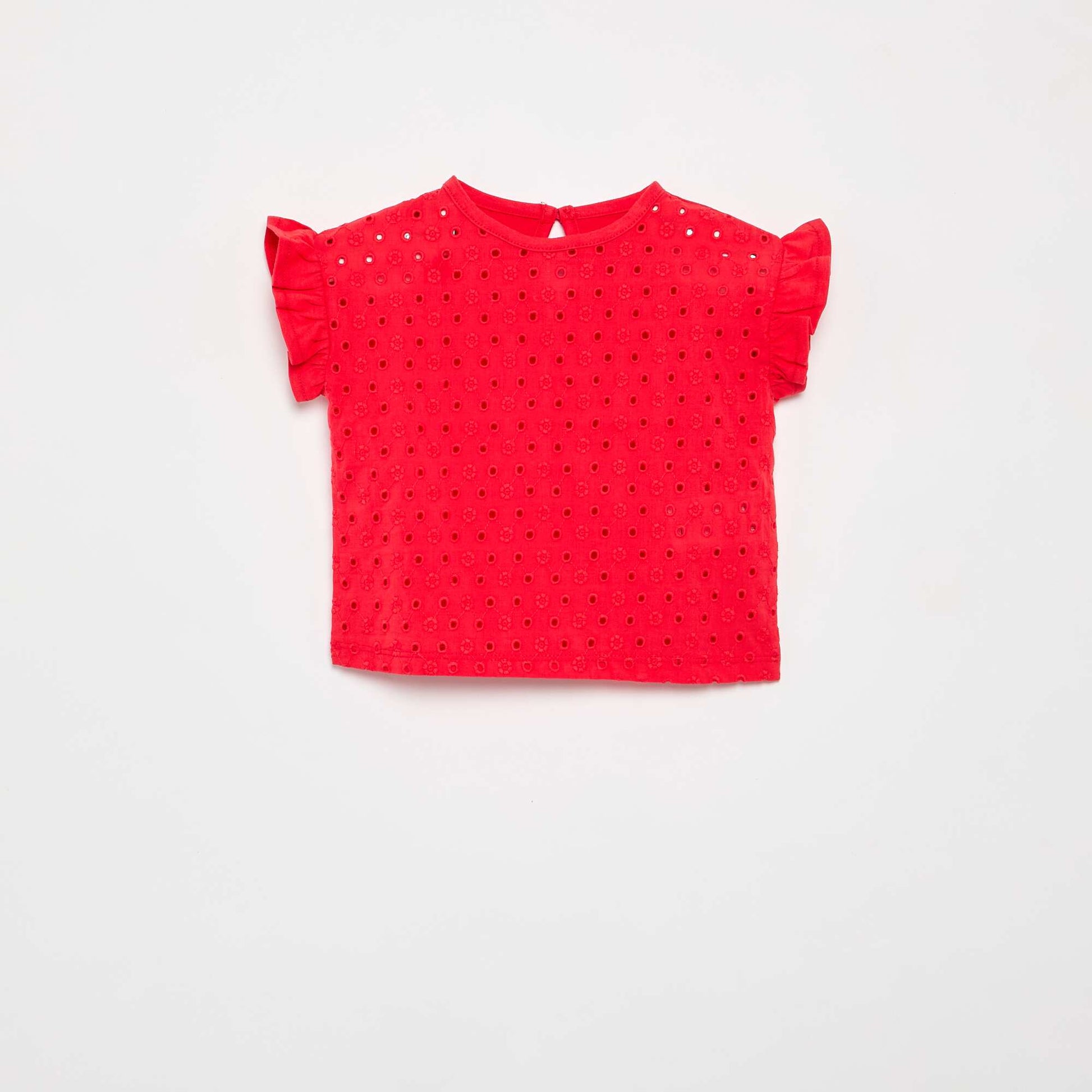 Ruffled Short-Sleeved T-shirt with Broderie Anglaise RED