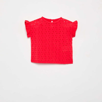 Ruffled Short-Sleeved T-shirt with Broderie Anglaise RED