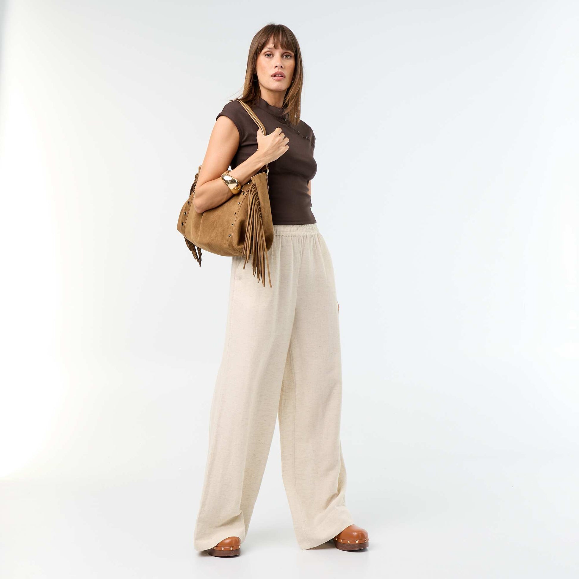 Wide-leg trousers with elasticated waist BEIGE