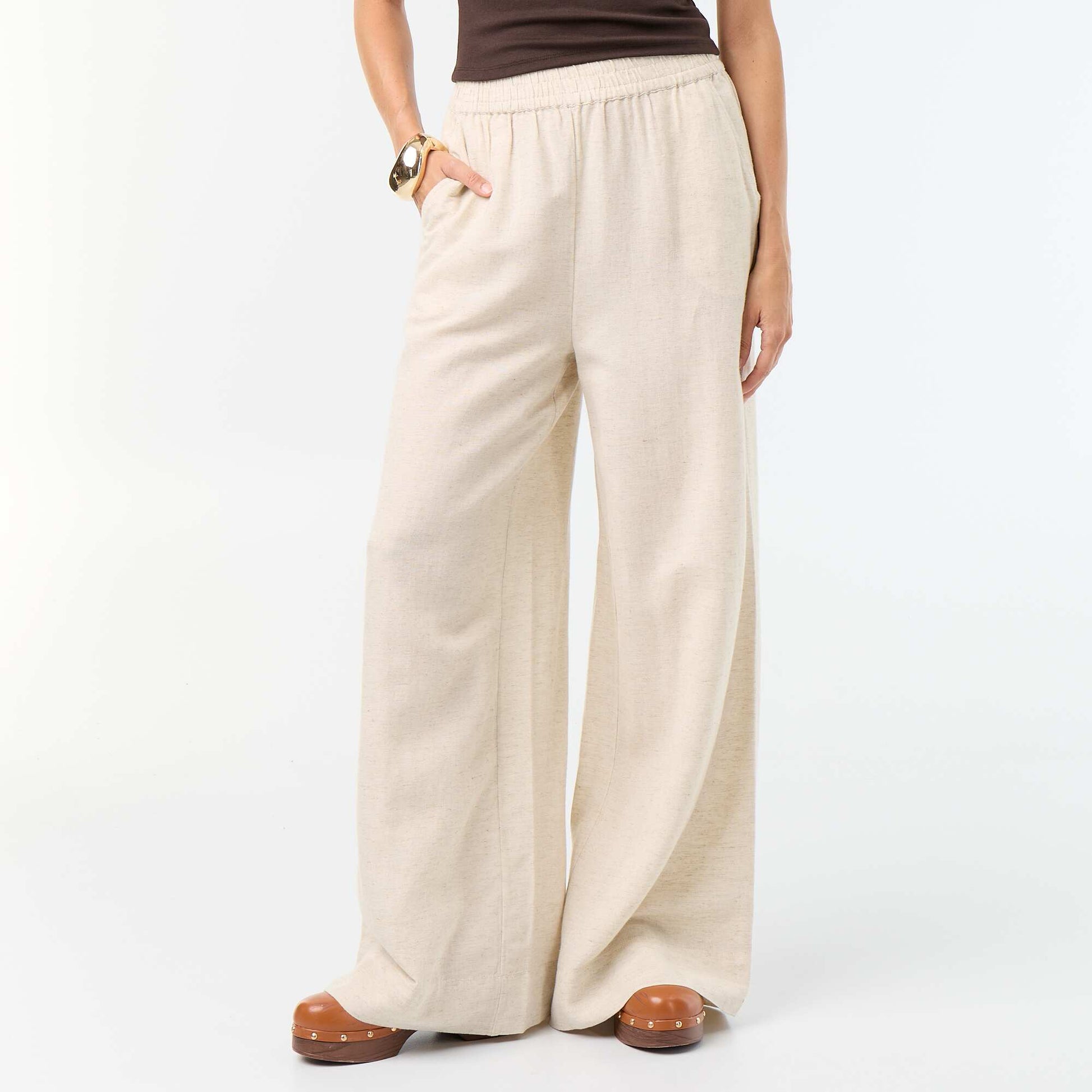 Wide-leg trousers with elasticated waist BEIGE