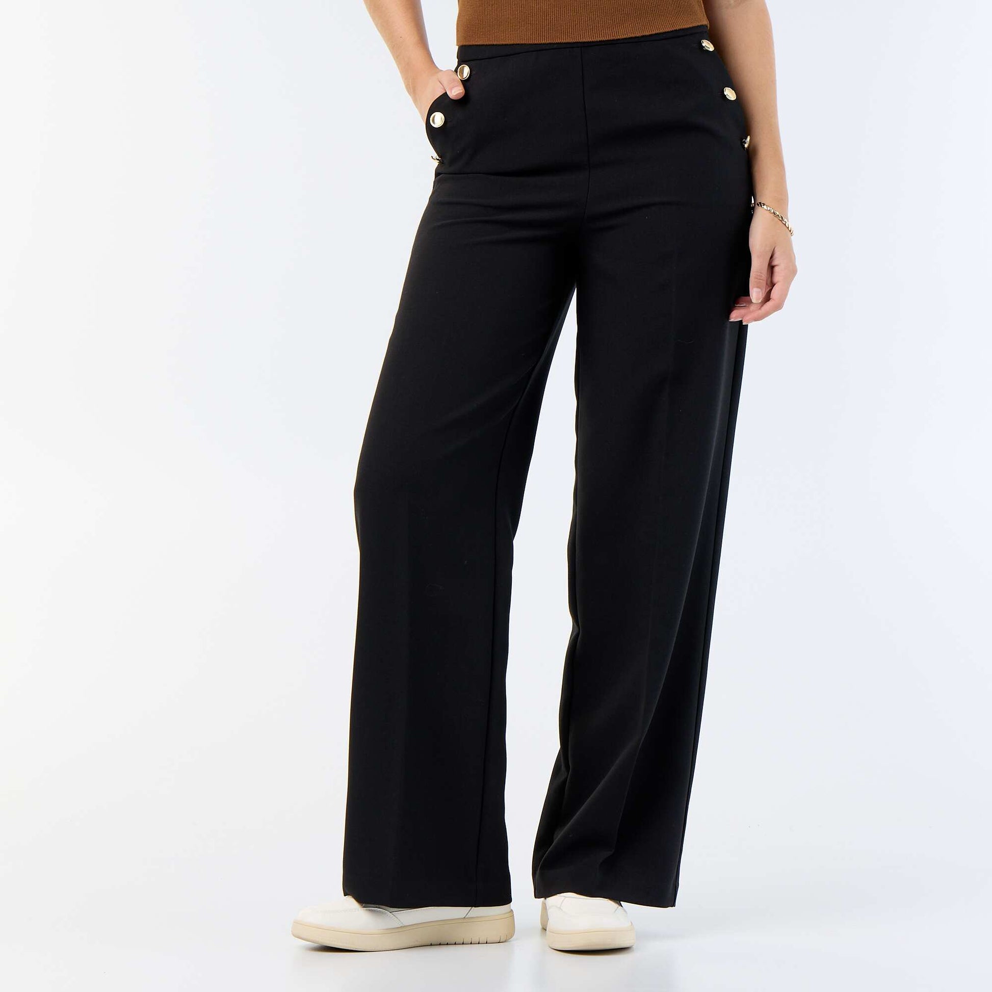 Wide-leg trousers with fancy gold buttons on the pockets BLACK