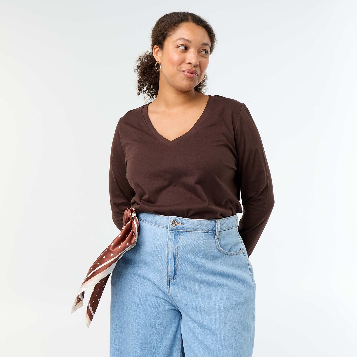 Long-sleeved V-neck T-shirt BROWN