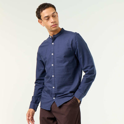 Plain Mao Collar Shirt BLUE