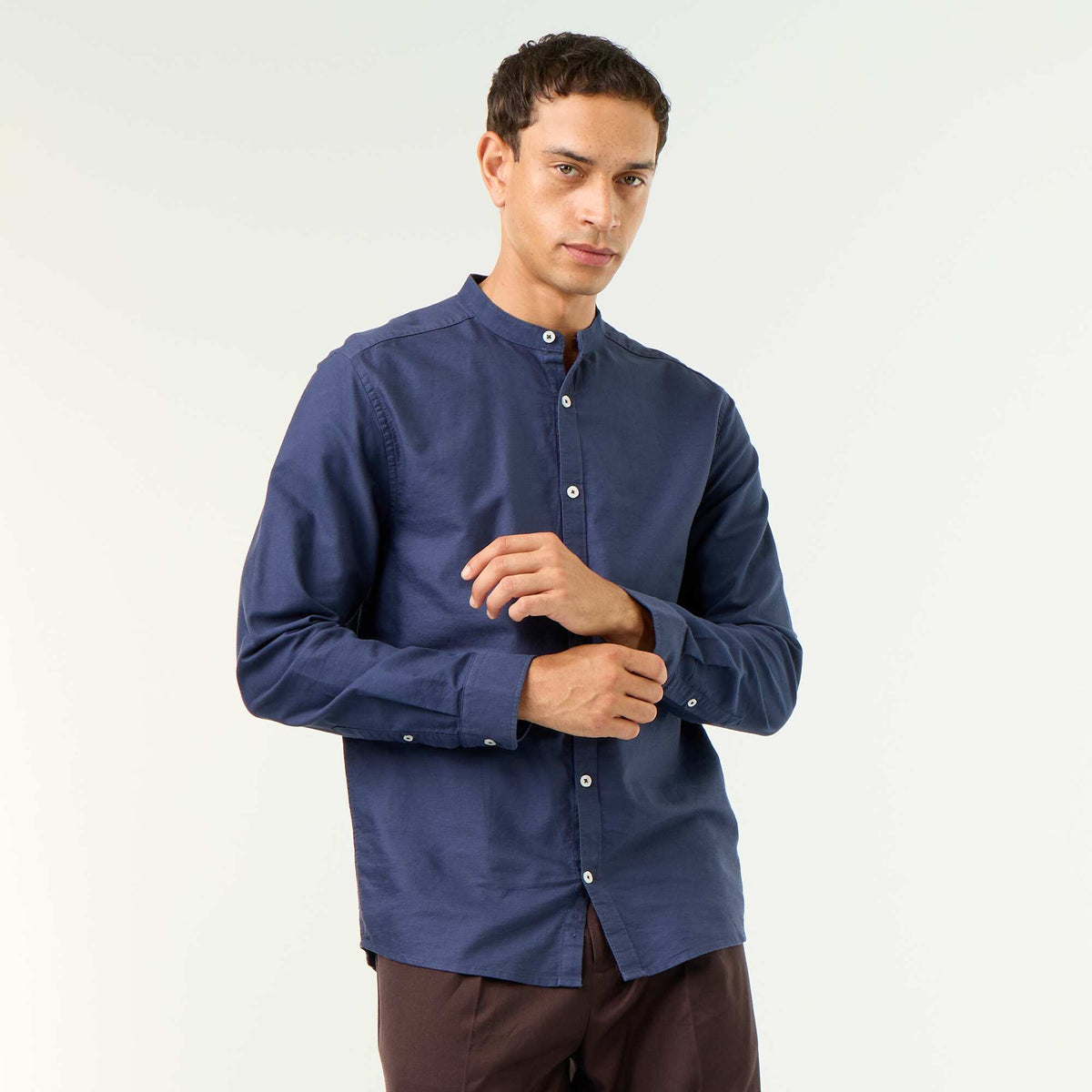 Plain Mao Collar Shirt BLUE