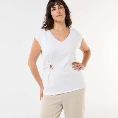 Draped T-shirt with Gold Brooch Detail WHITE