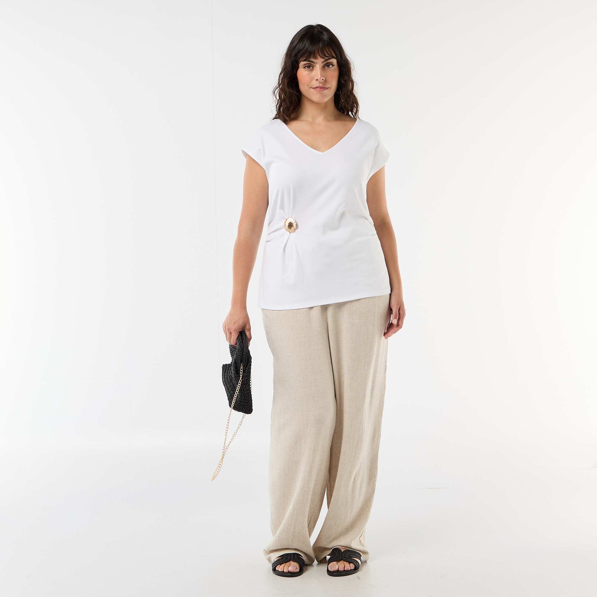 Draped T-shirt with Gold Brooch Detail WHITE