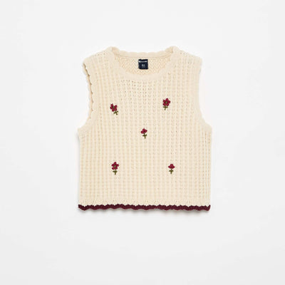 Sleeveless crochet T-shirt with embroidered details BEIGE