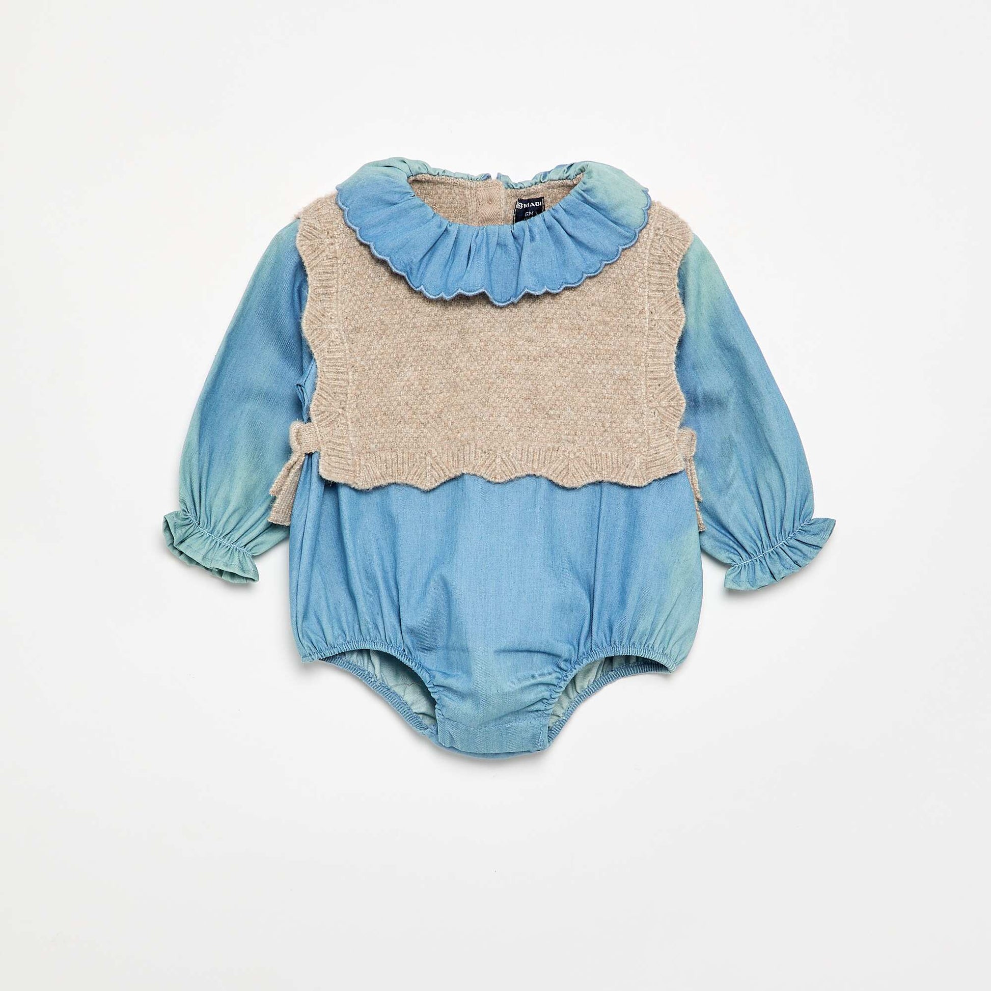 Knit and Denim Romper BEIGE