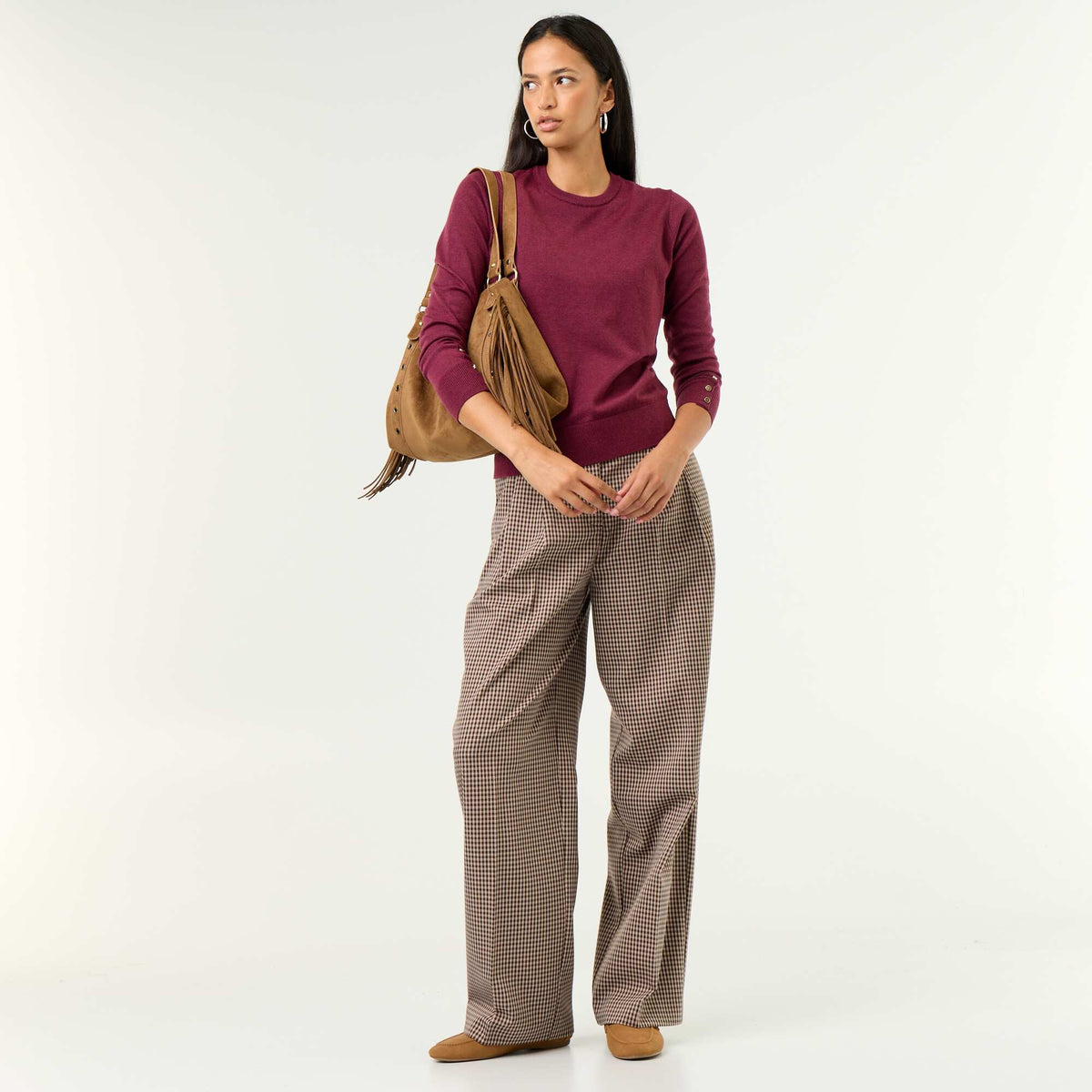 سترة محبوكة دقيقة ذات ياقة مستديرة - أرجواني
