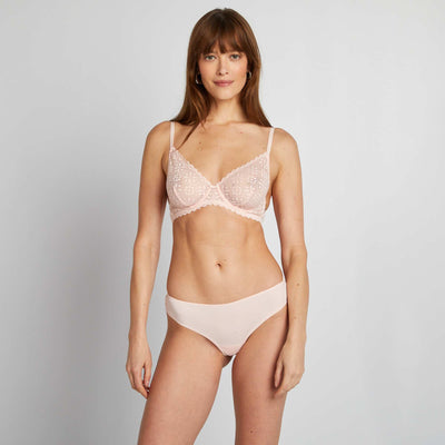 سراويل داخلية من الألياف الدقيقة والدانتيل تانغا باللون الوردي