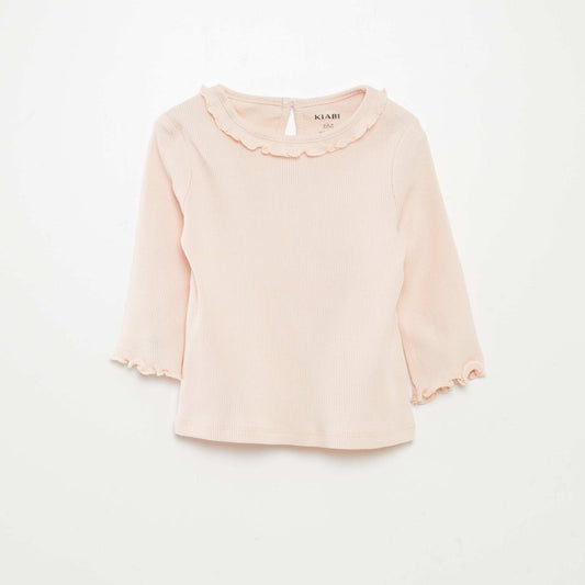 Ribbed knit T-shirt with ruffled collar PINK