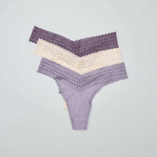 Pack of 3 cotton and lace thongs PURPLE