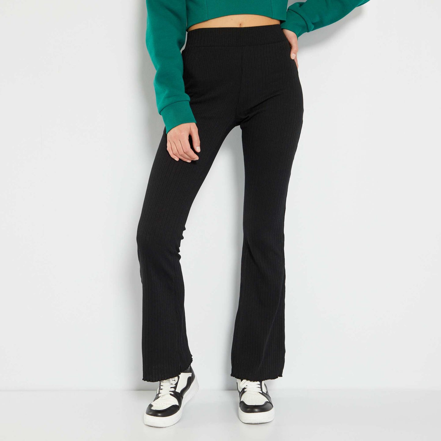 Ribbed-knit flared trousers BLACK