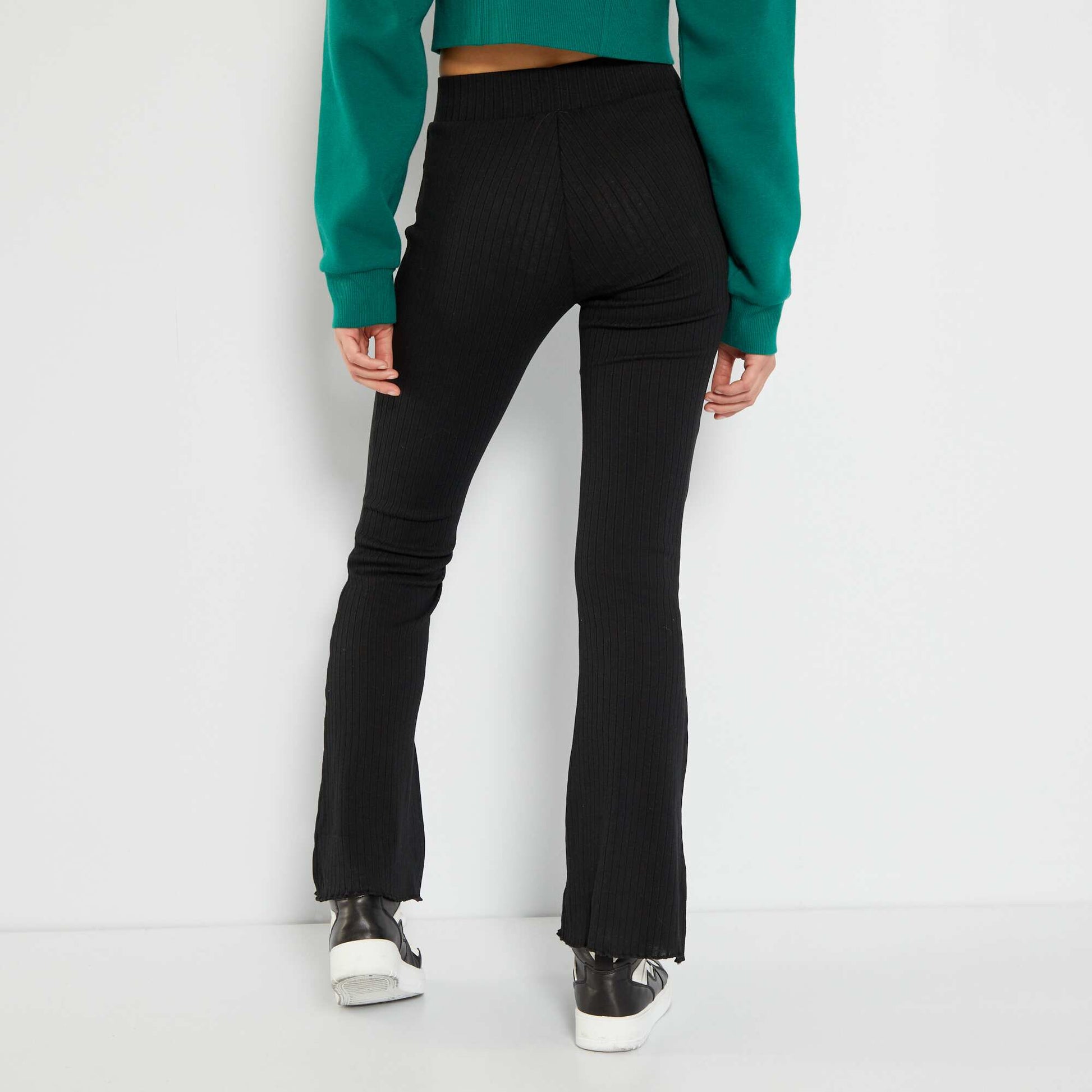 Ribbed-knit flared trousers BLACK