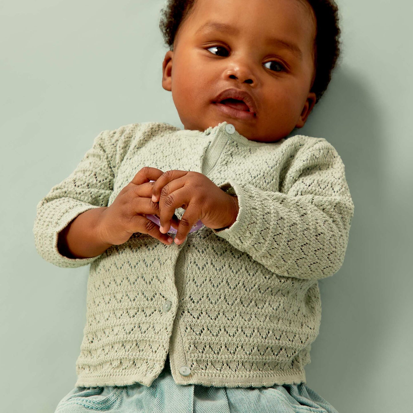 Plain openwork knit cardigan GREEN