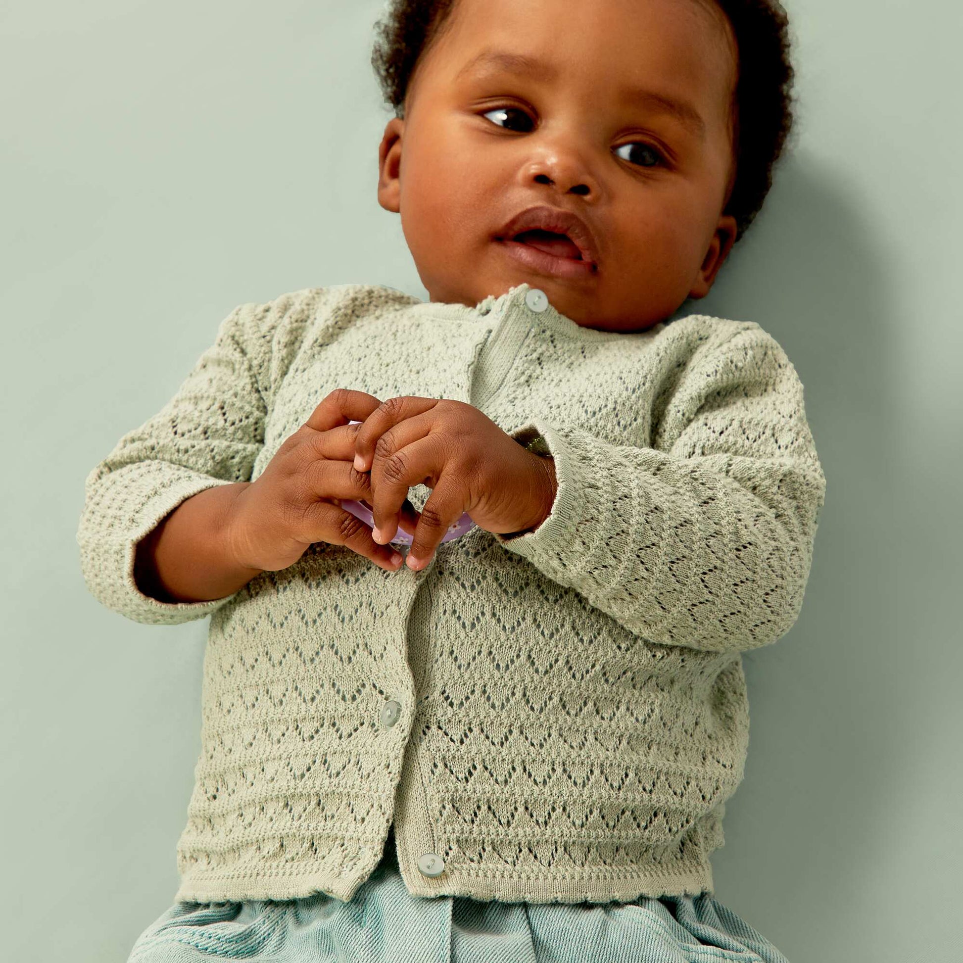 Plain openwork knit cardigan GREEN